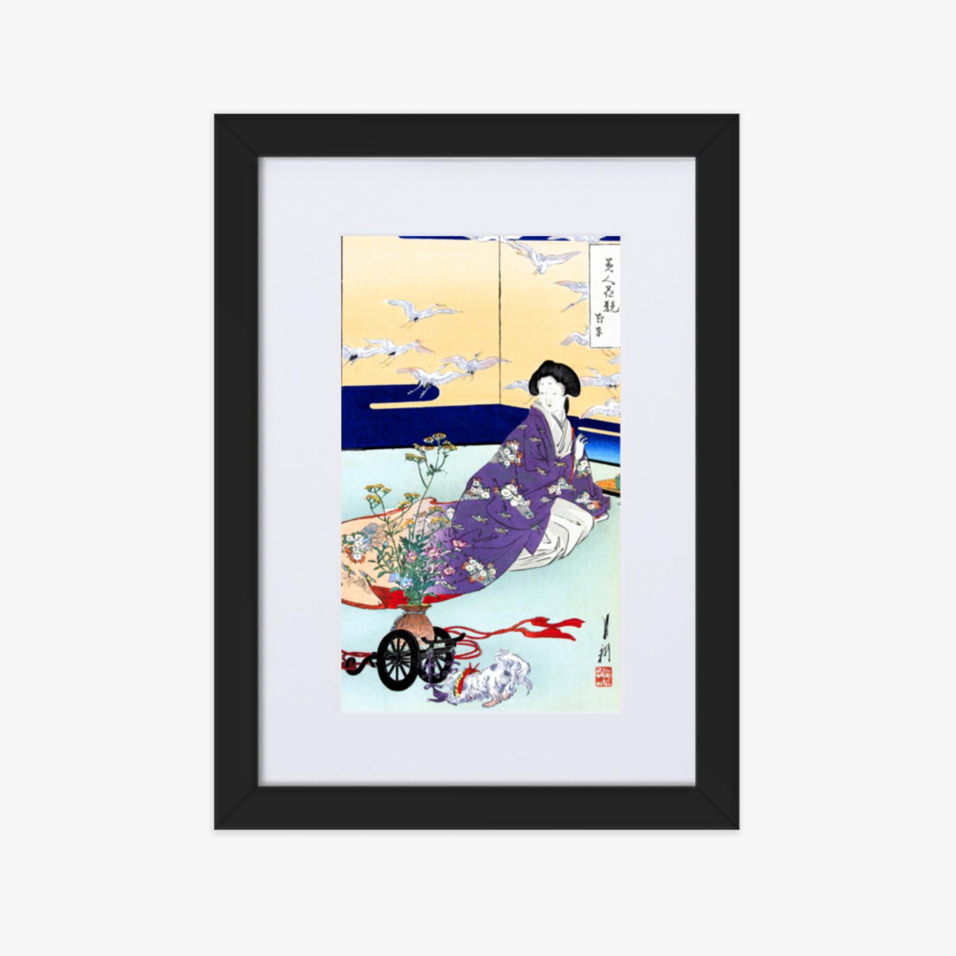 Ogata Gekko - Dog Playing with Flower Cart 21x30 cm Poster With Black Frame