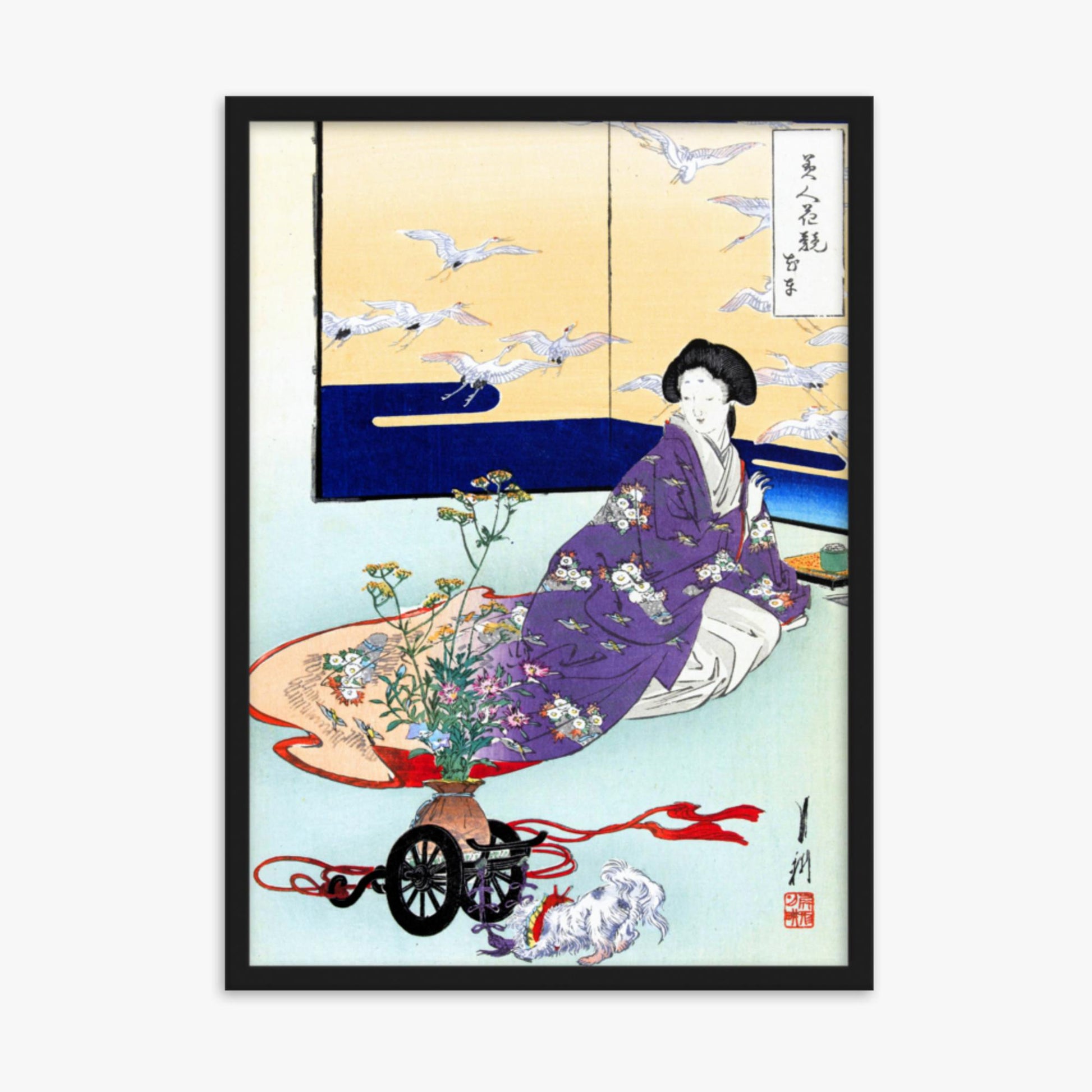 Ogata Gekko - Dog Playing with Flower Cart 50x70 cm Poster With Black Frame