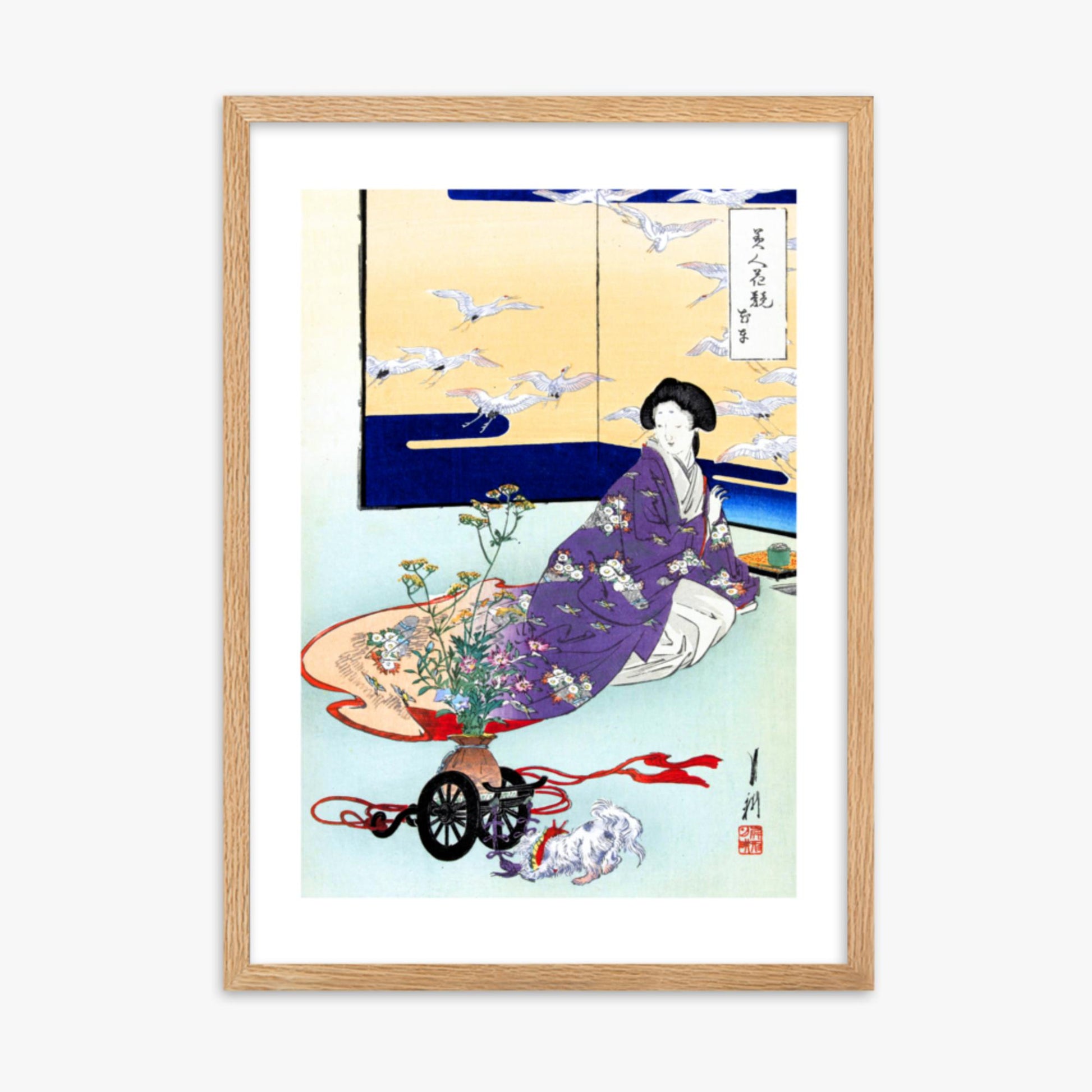 Ogata Gekko - Dog Playing with Flower Cart 50x70 cm Poster With Oak Frame