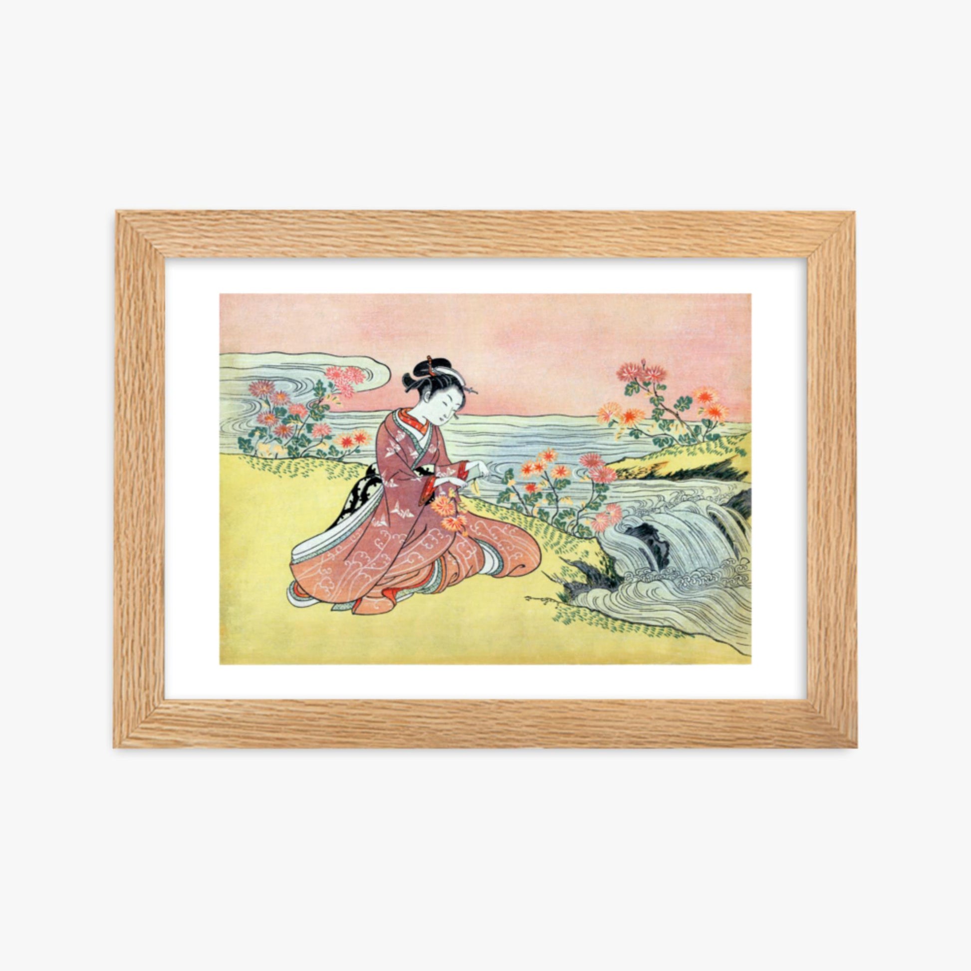 Suzuki Harunobu - Woman Picking Chrysanthemum 21x30 cm Poster With Oak Frame