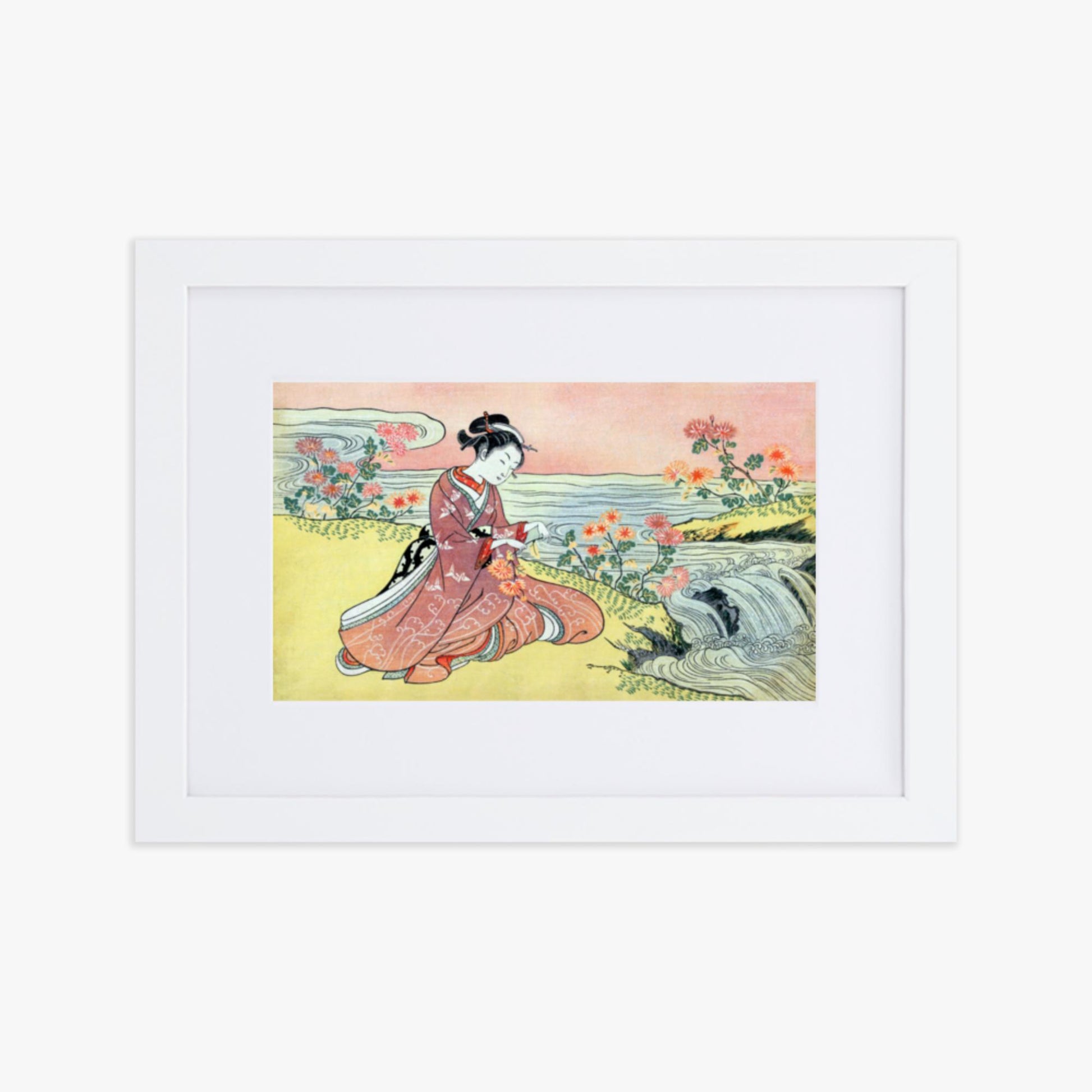 Suzuki Harunobu - Woman Picking Chrysanthemum 21x30 cm Poster With White Frame