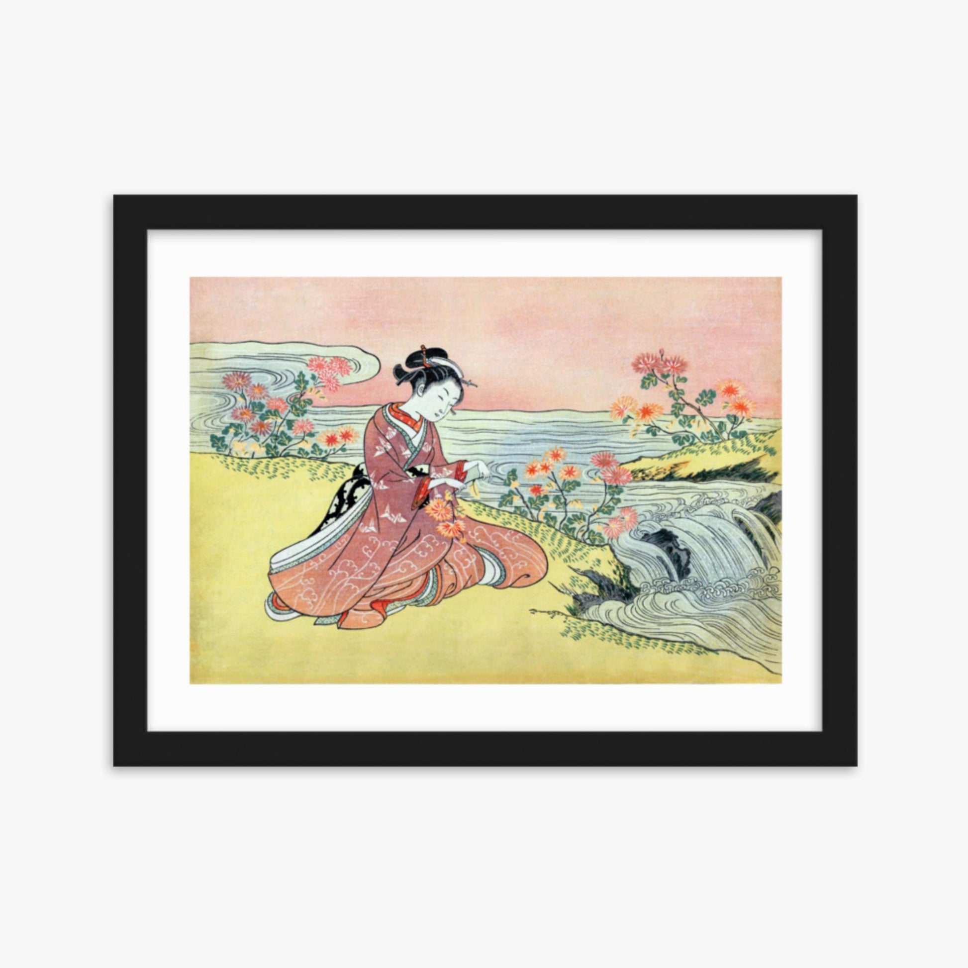 Suzuki Harunobu - Woman Picking Chrysanthemum 30x40 cm Poster With Black Frame