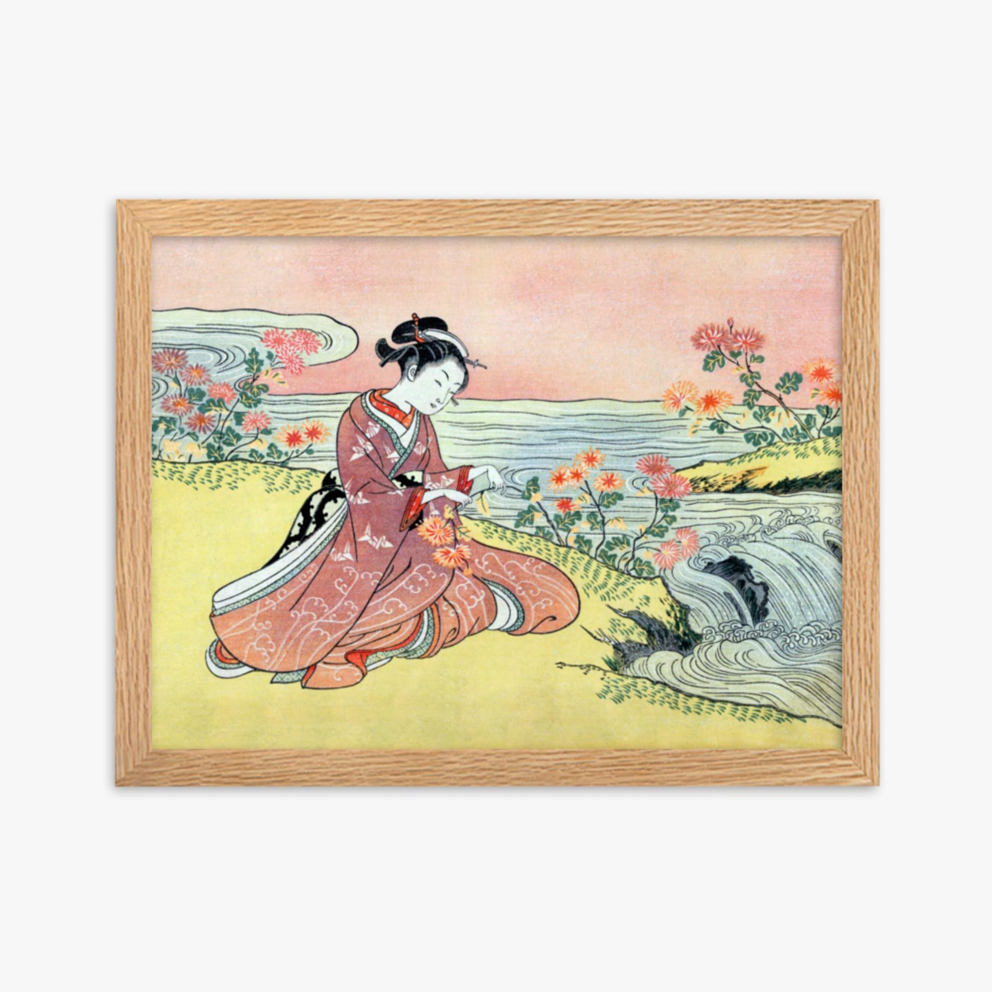 Suzuki Harunobu - Woman Picking Chrysanthemum 30x40 cm Poster With Oak Frame