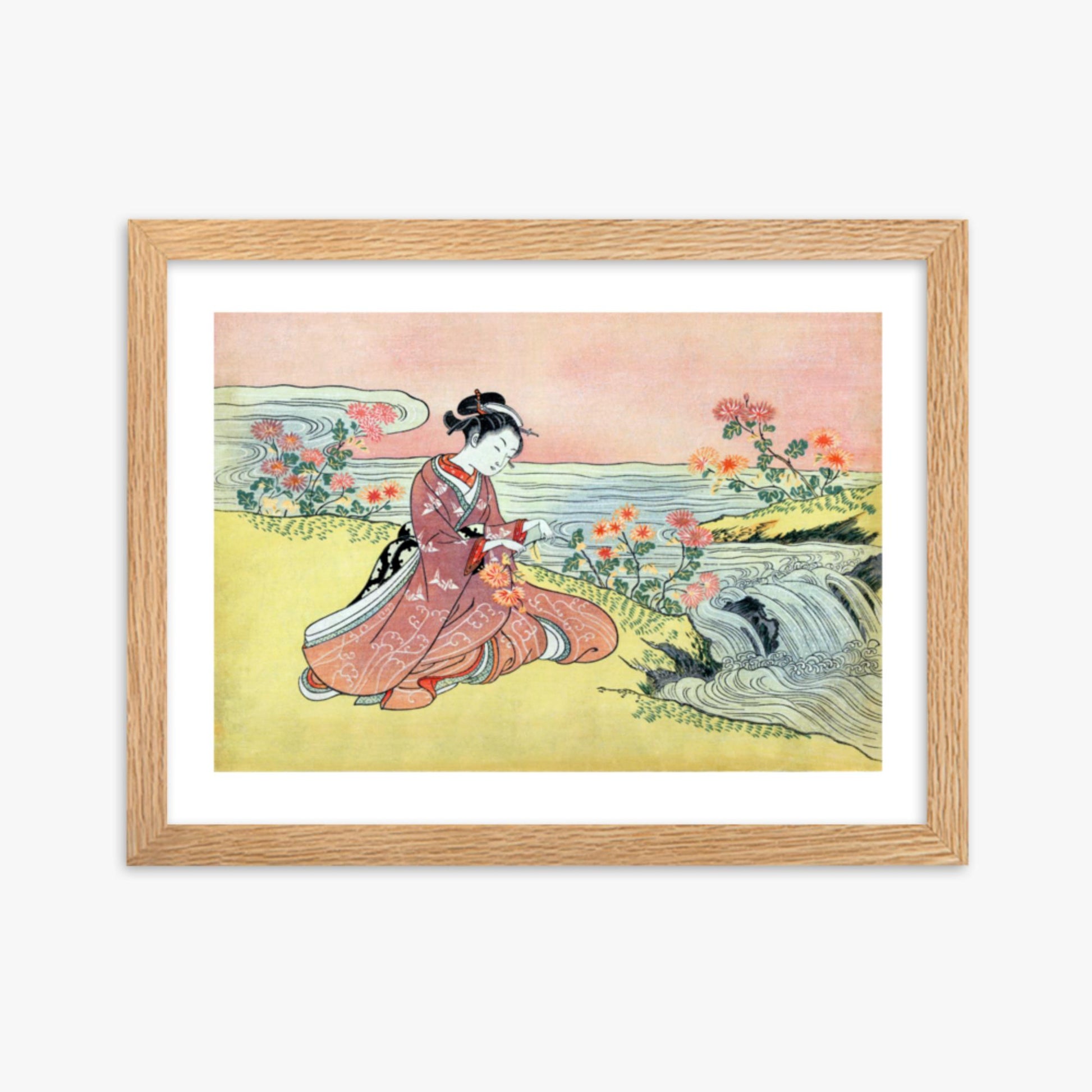 Suzuki Harunobu - Woman Picking Chrysanthemum 30x40 cm Poster With Oak Frame