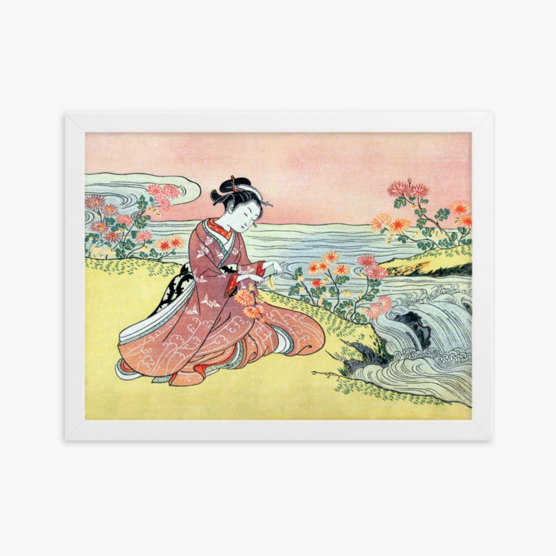 Suzuki Harunobu - Woman Picking Chrysanthemum 30x40 cm Poster With White Frame