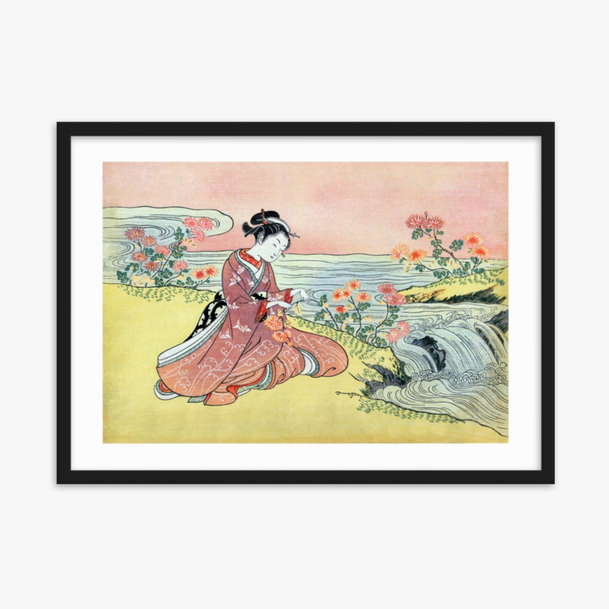 Suzuki Harunobu - Woman Picking Chrysanthemum 50x70 cm Poster With Black Frame