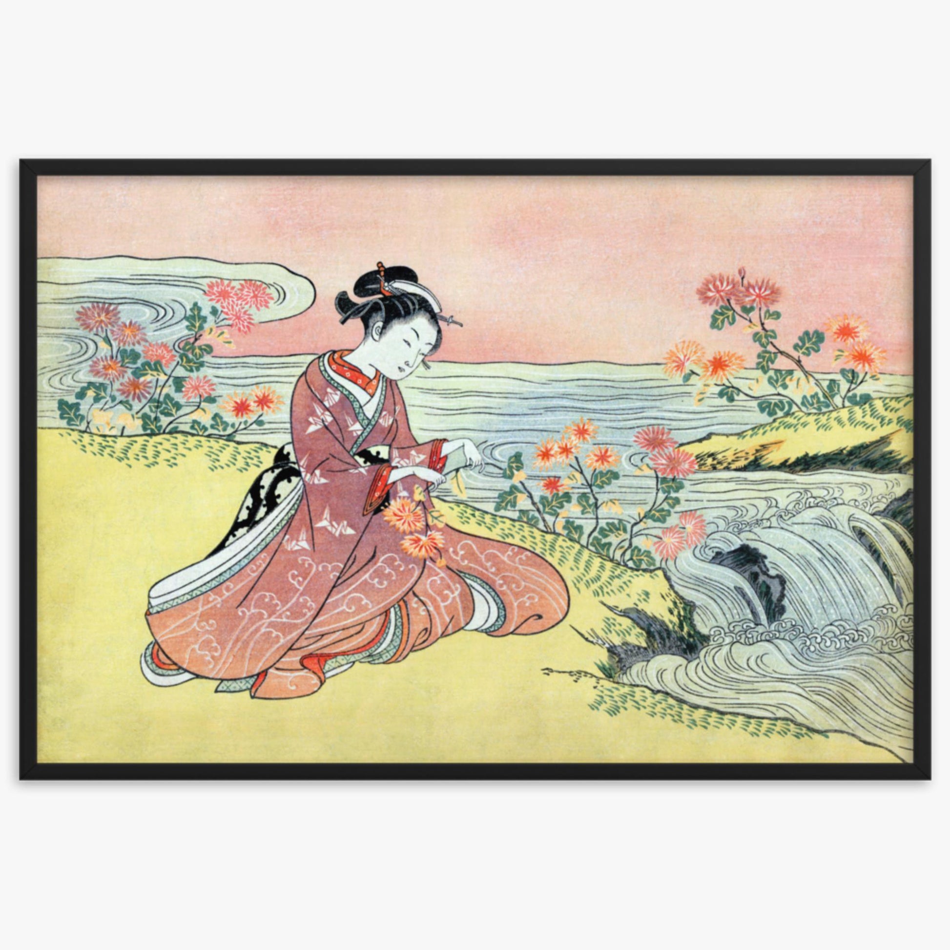 Suzuki Harunobu - Woman Picking Chrysanthemum 61x91 cm Poster With Black Frame