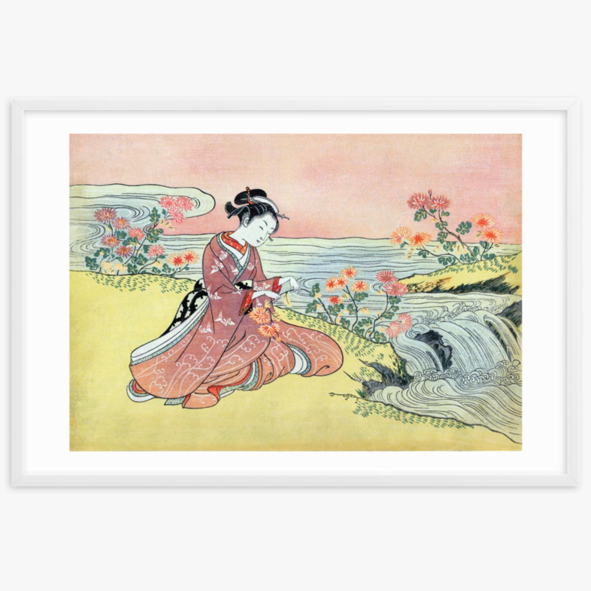 Suzuki Harunobu - Woman Picking Chrysanthemum 61x91 cm Poster With White Frame