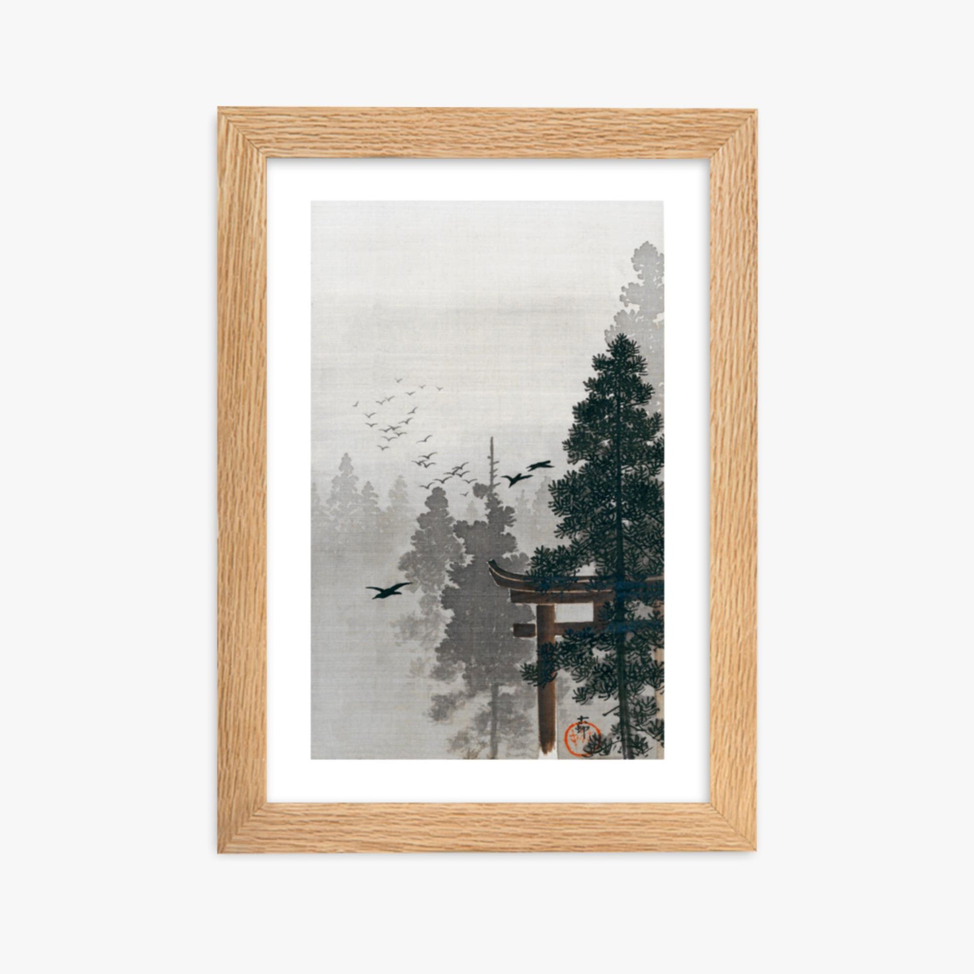 Ohara Koson - Flock of Birds and a Torii Gate in a Pine Tree Forest 21x30 cm Poster With Oak Frame