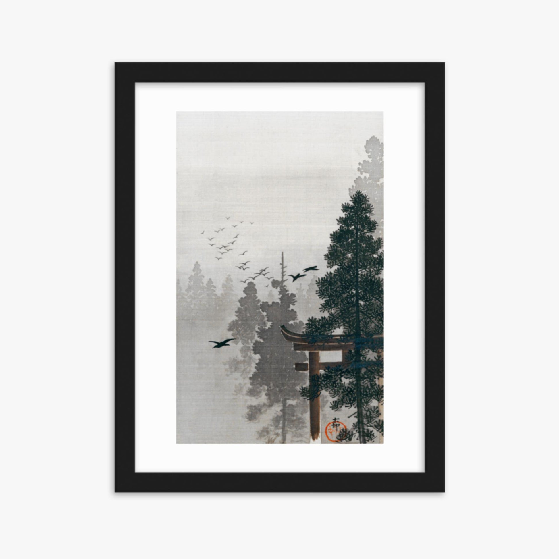 Ohara Koson - Flock of Birds and a Torii Gate in a Pine Tree Forest 30x40 cm Poster With Black Frame