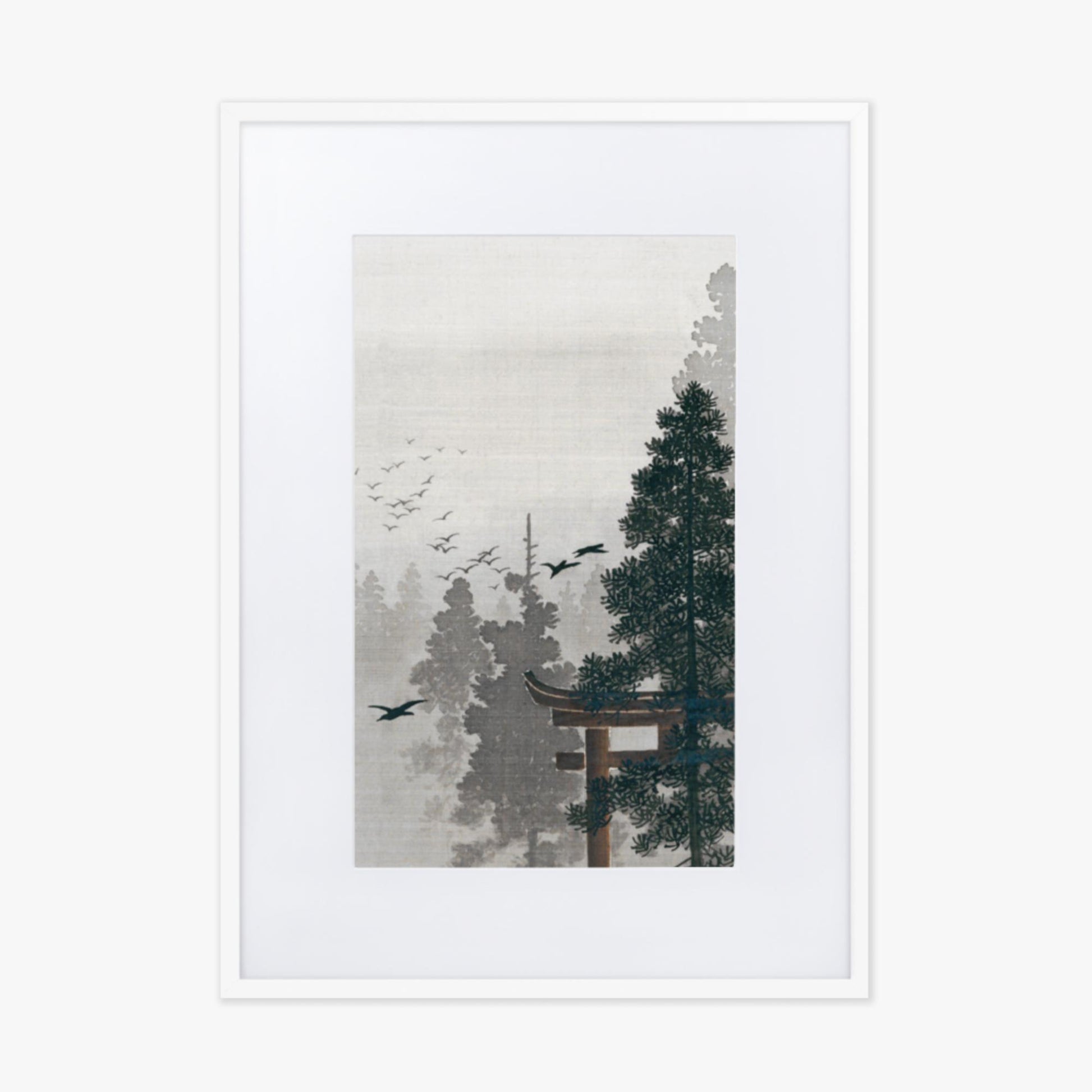 Ohara Koson - Flock of Birds and a Torii Gate in a Pine Tree Forest 50x70 cm Poster With White Frame