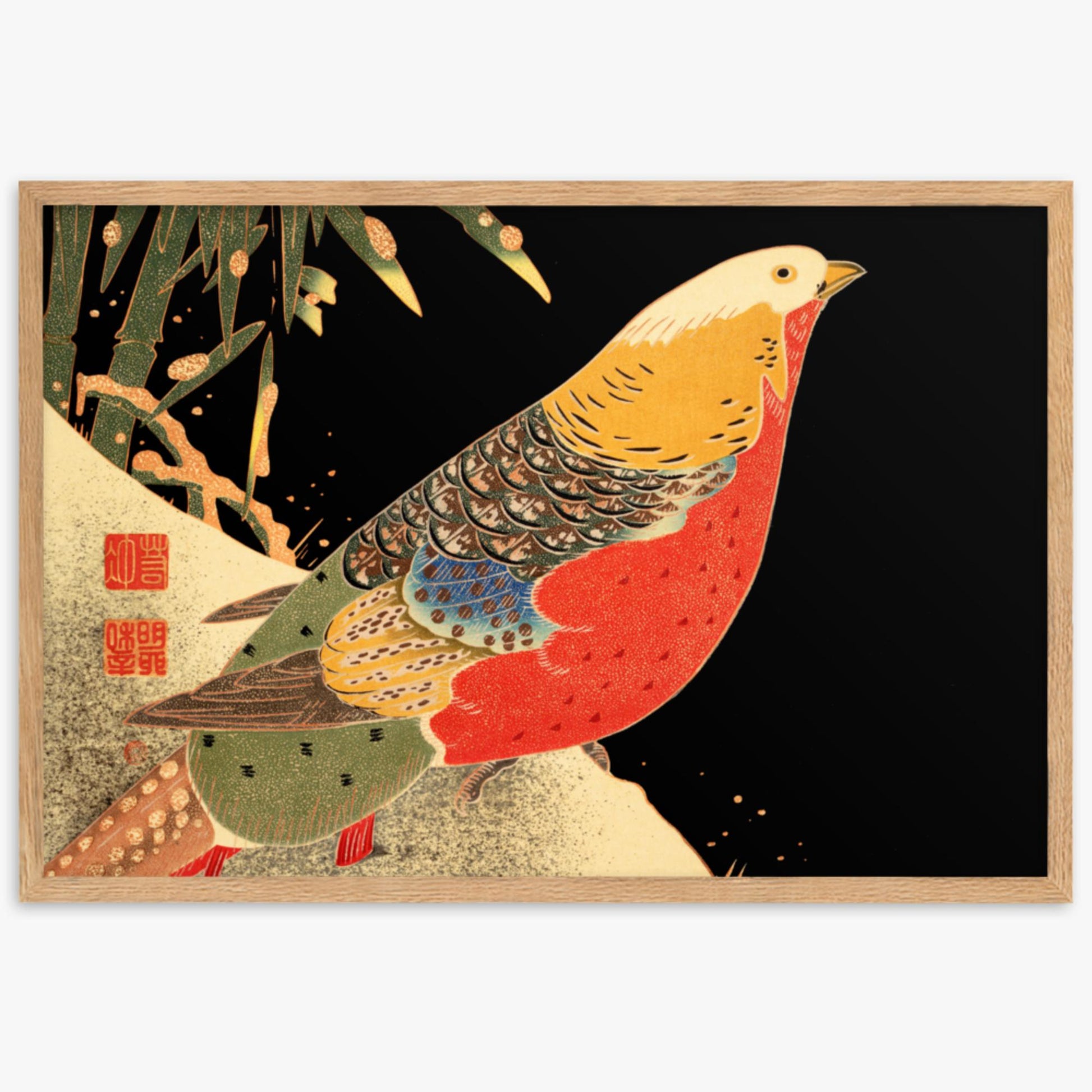 Ito Jakuchu - Golden Pheasant in the Snow 61x91 cm Poster With Oak Frame