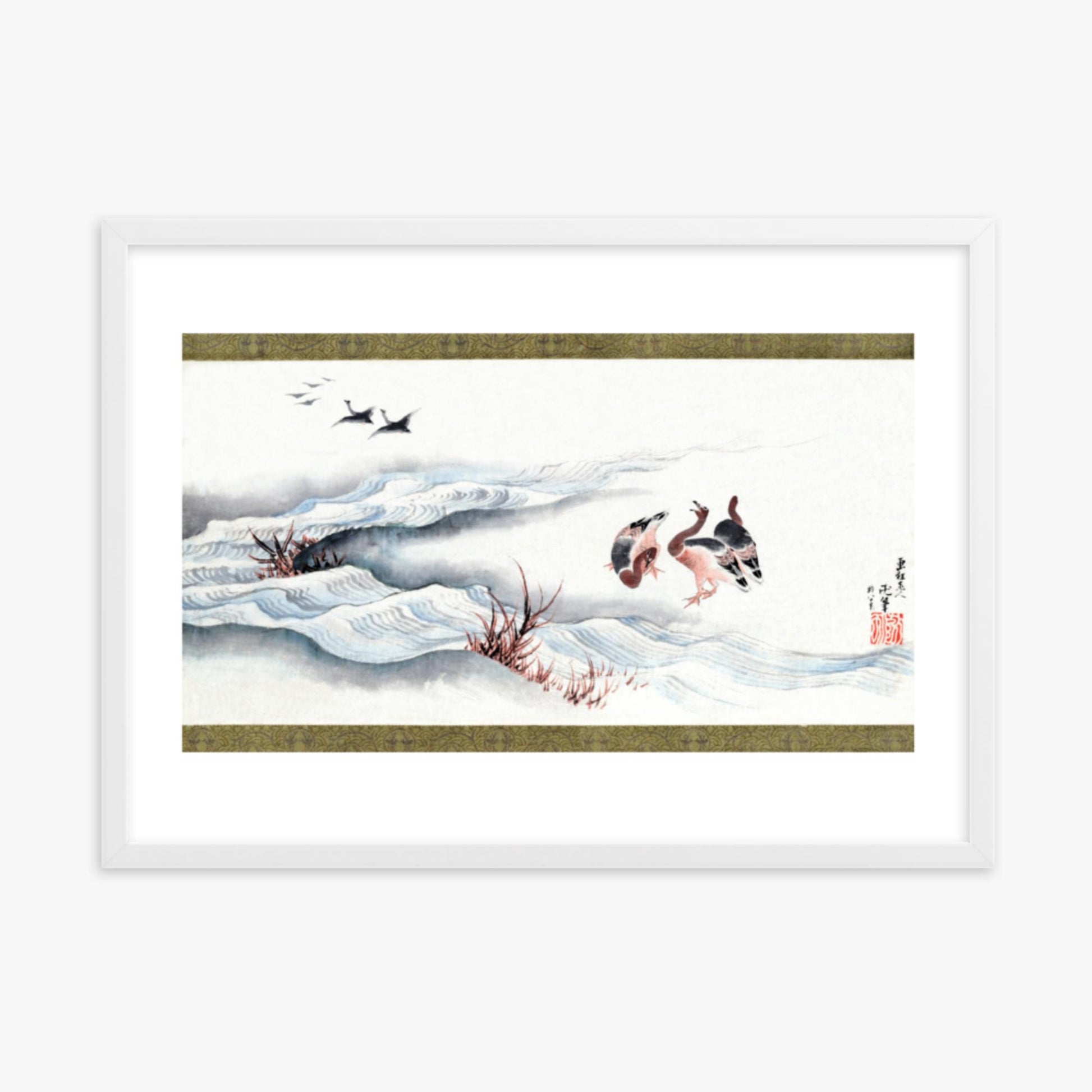 Katsushika Hokusai - Wild Geese and Water 50x70 cm Poster With White Frame