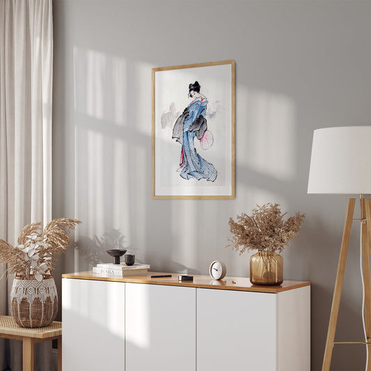 Interior Design Concept: Illustration of a Japanese Woman in Kimono (Katsushika Hokusai)