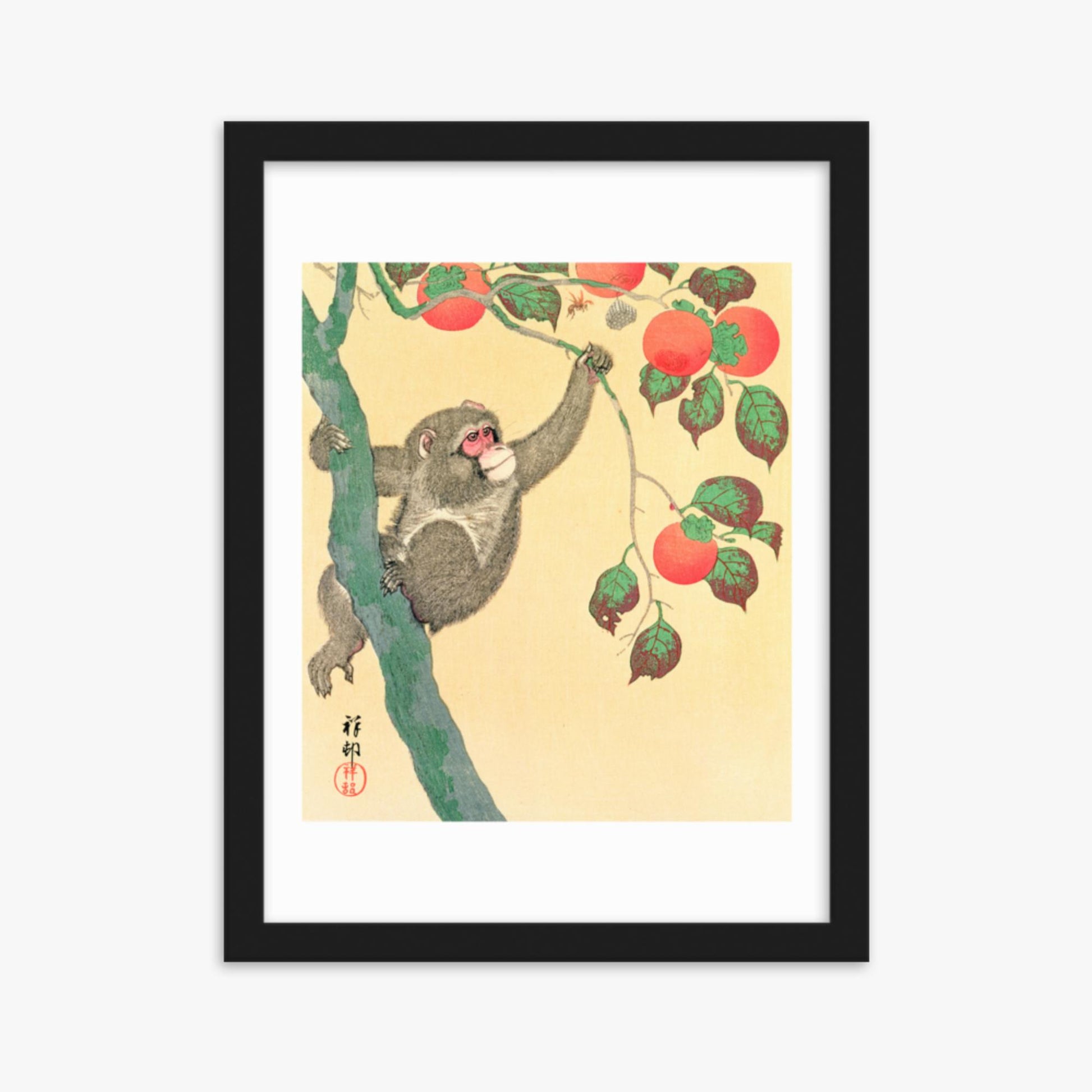 Ohara Koson: Monkey in a Persimmon - 30x40 cm Poster With Black Frame