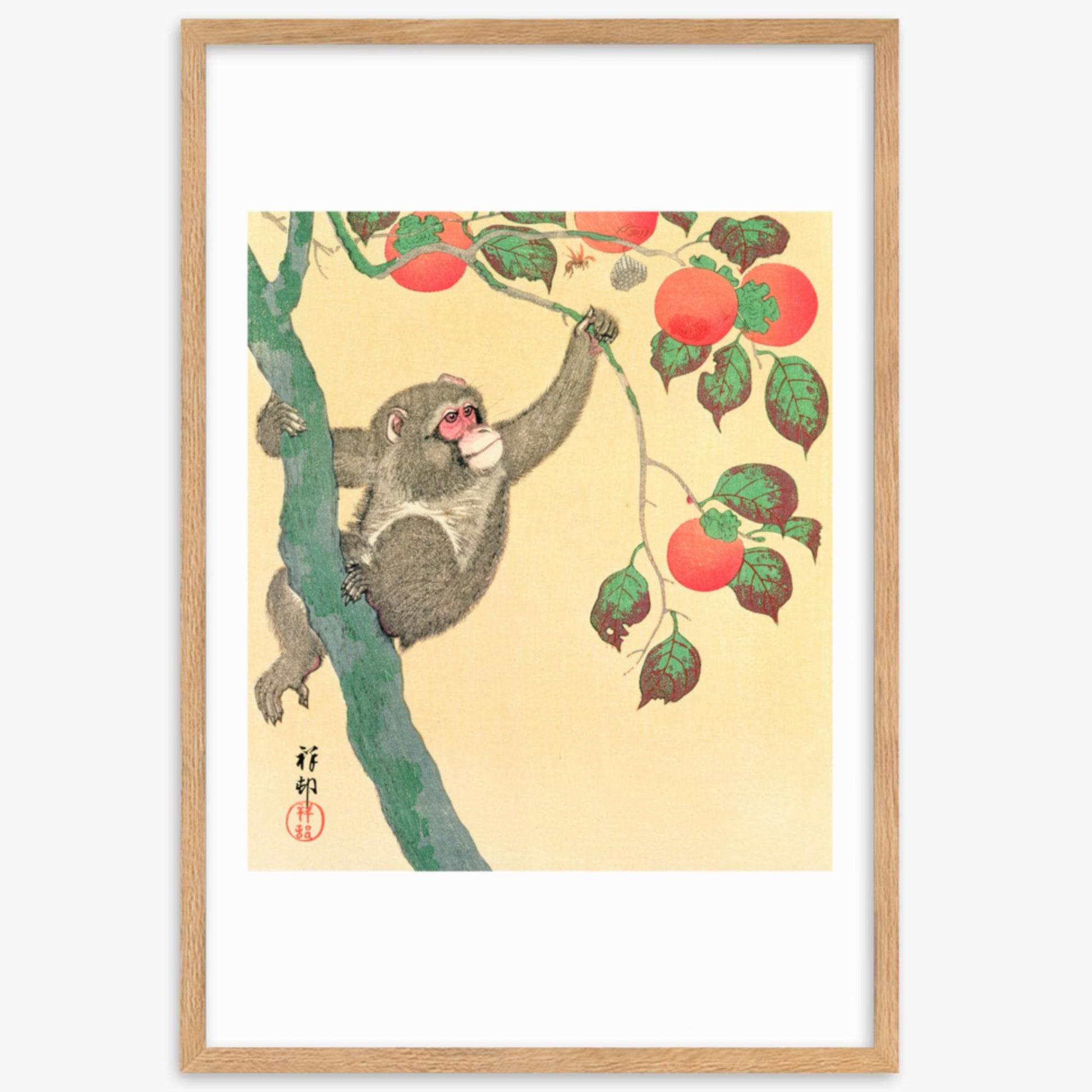 Ohara Koson: Monkey in a Persimmon - 61x91 cm Poster With Oak Frame