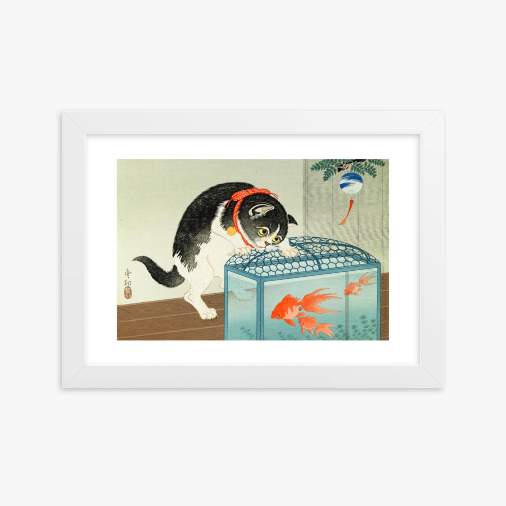 Ohara Koson: Cat and Goldfish - 21x30 cm Poster With White Frame