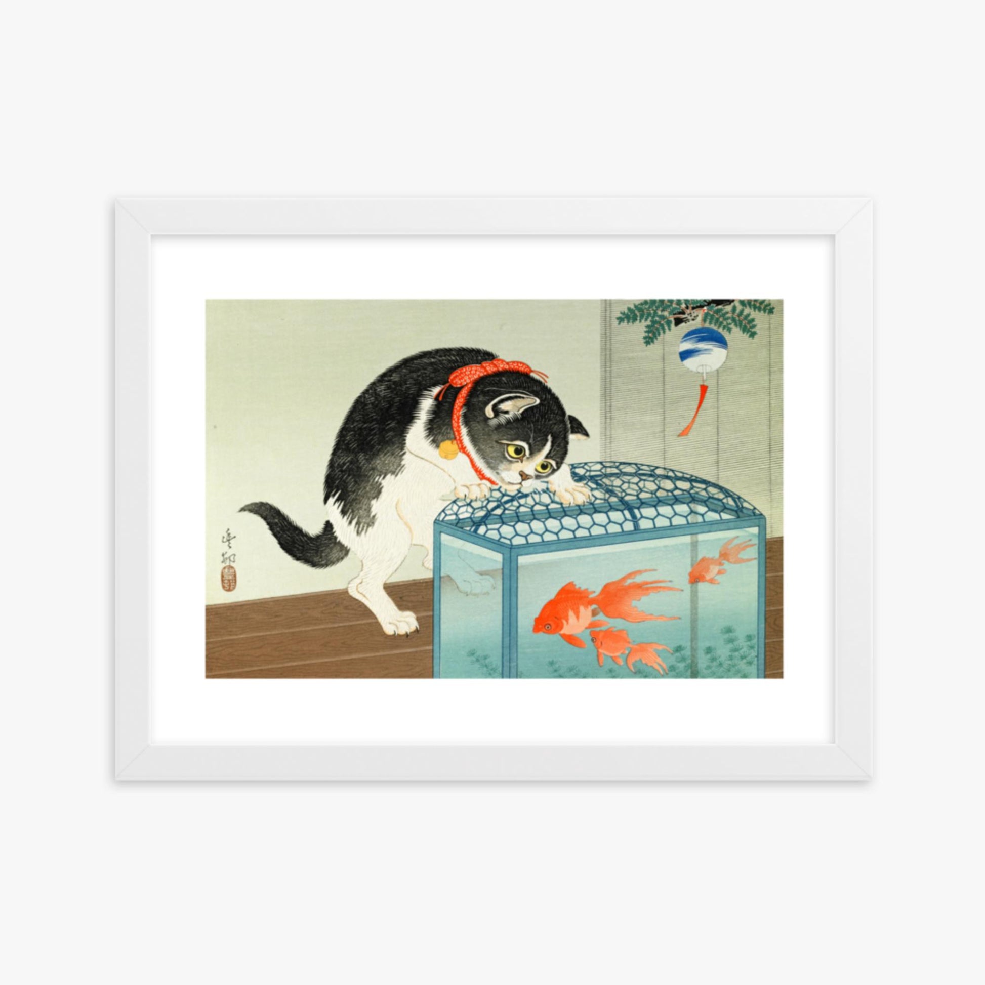 Ohara Koson: Cat and Goldfish - 30x40 cm Poster With White Frame