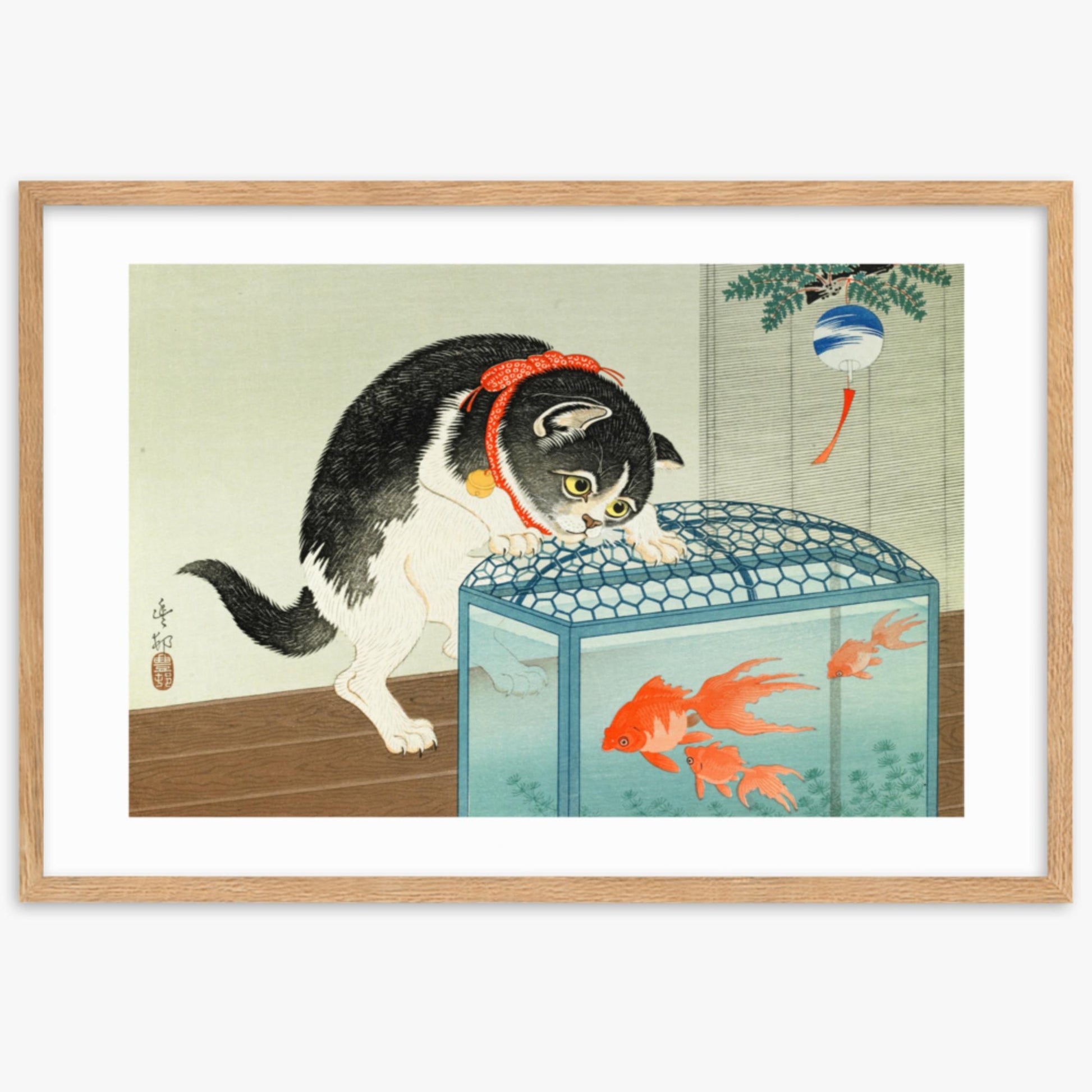 Ohara Koson: Cat and Goldfish - 61x91 cm Poster With Oak Frame