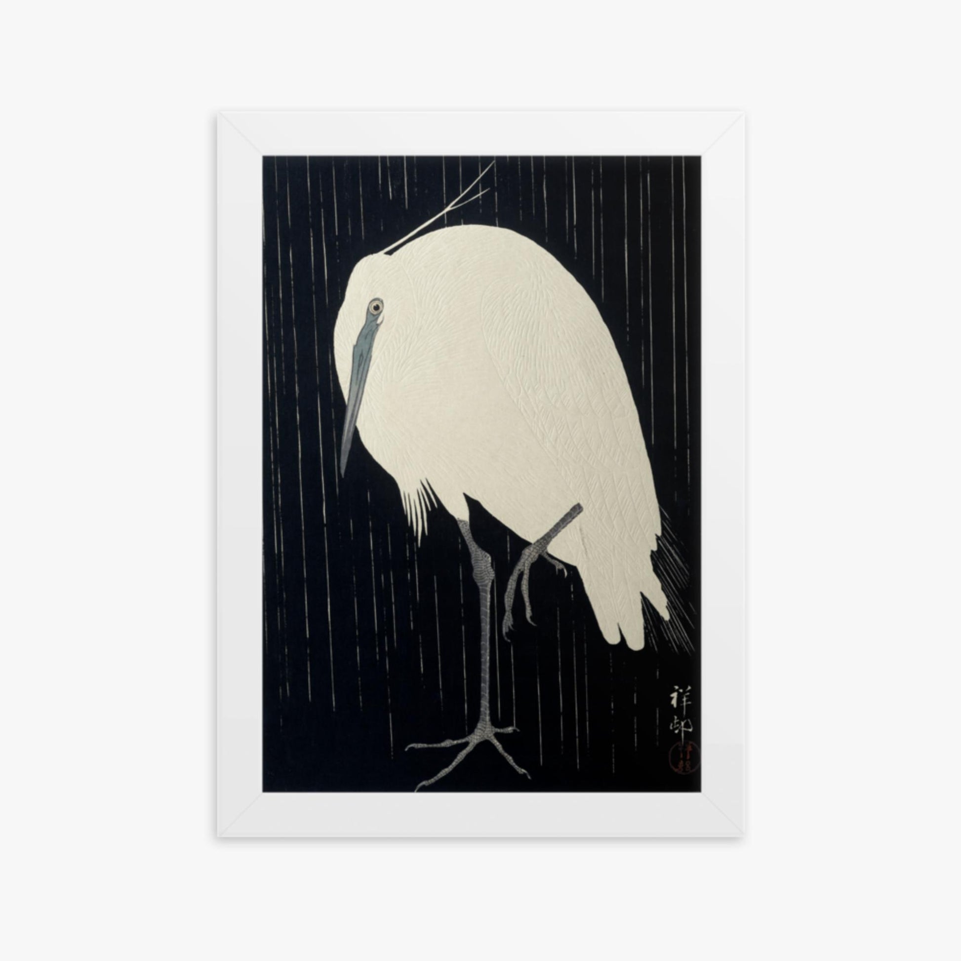 Ohara Koson: Egret in the Rain - 21x30 cm Poster With White Frame