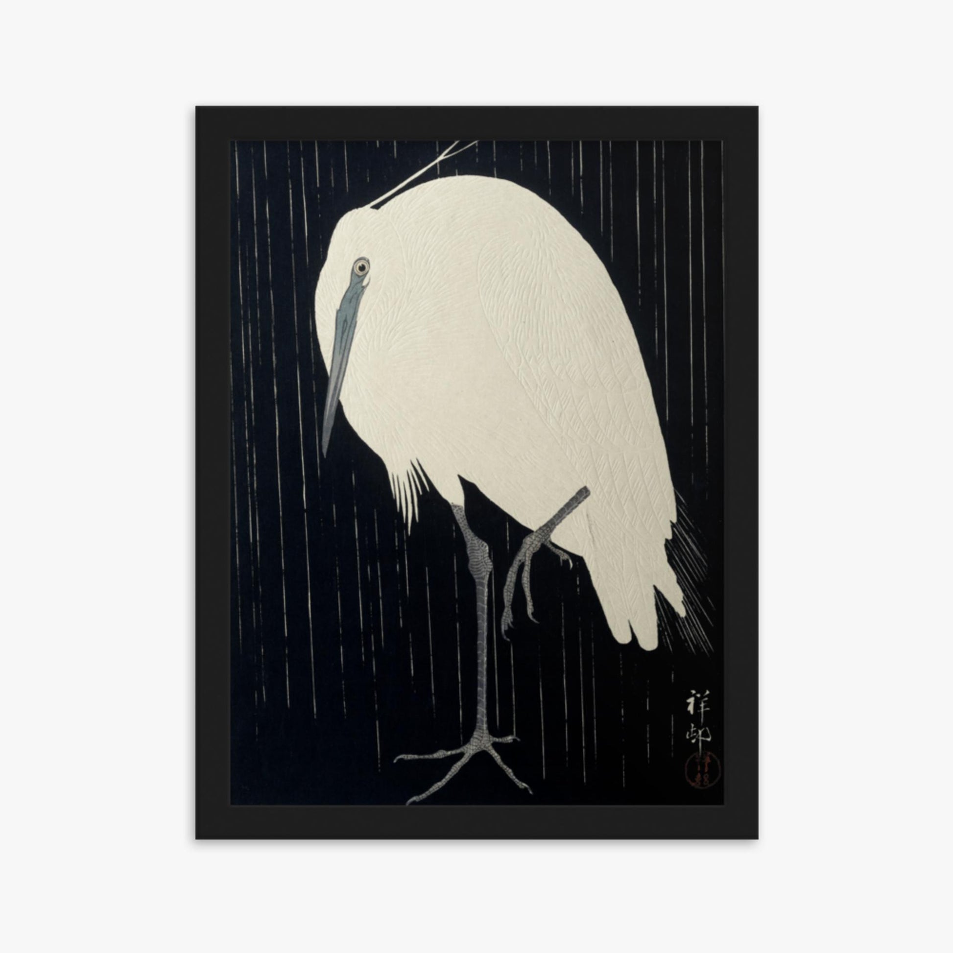 Ohara Koson: Egret in the Rain - 30x40 cm Poster With Black Frame