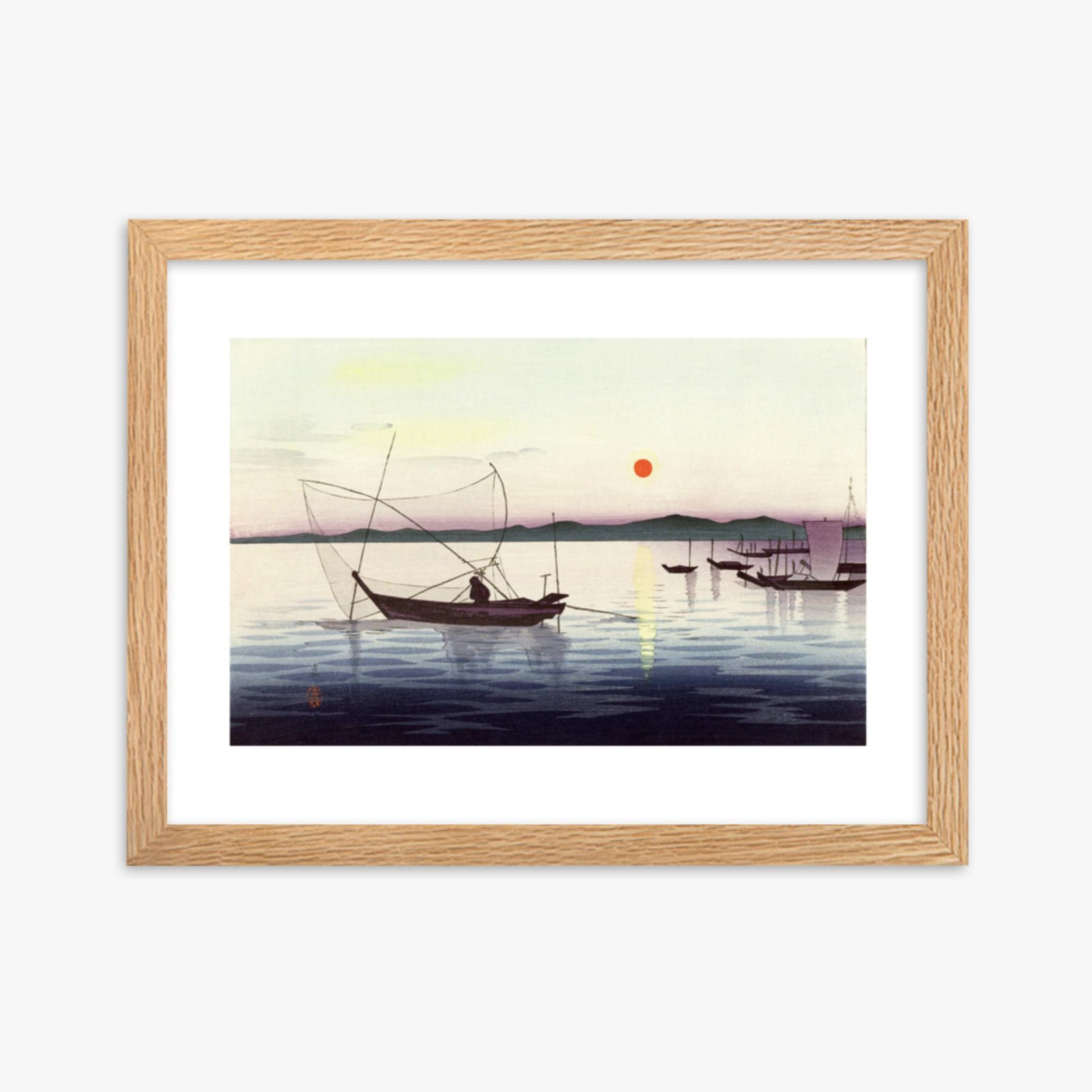 Ohara Koson: Fishing boats at sunset - 30x40 cm Poster With Oak Frame