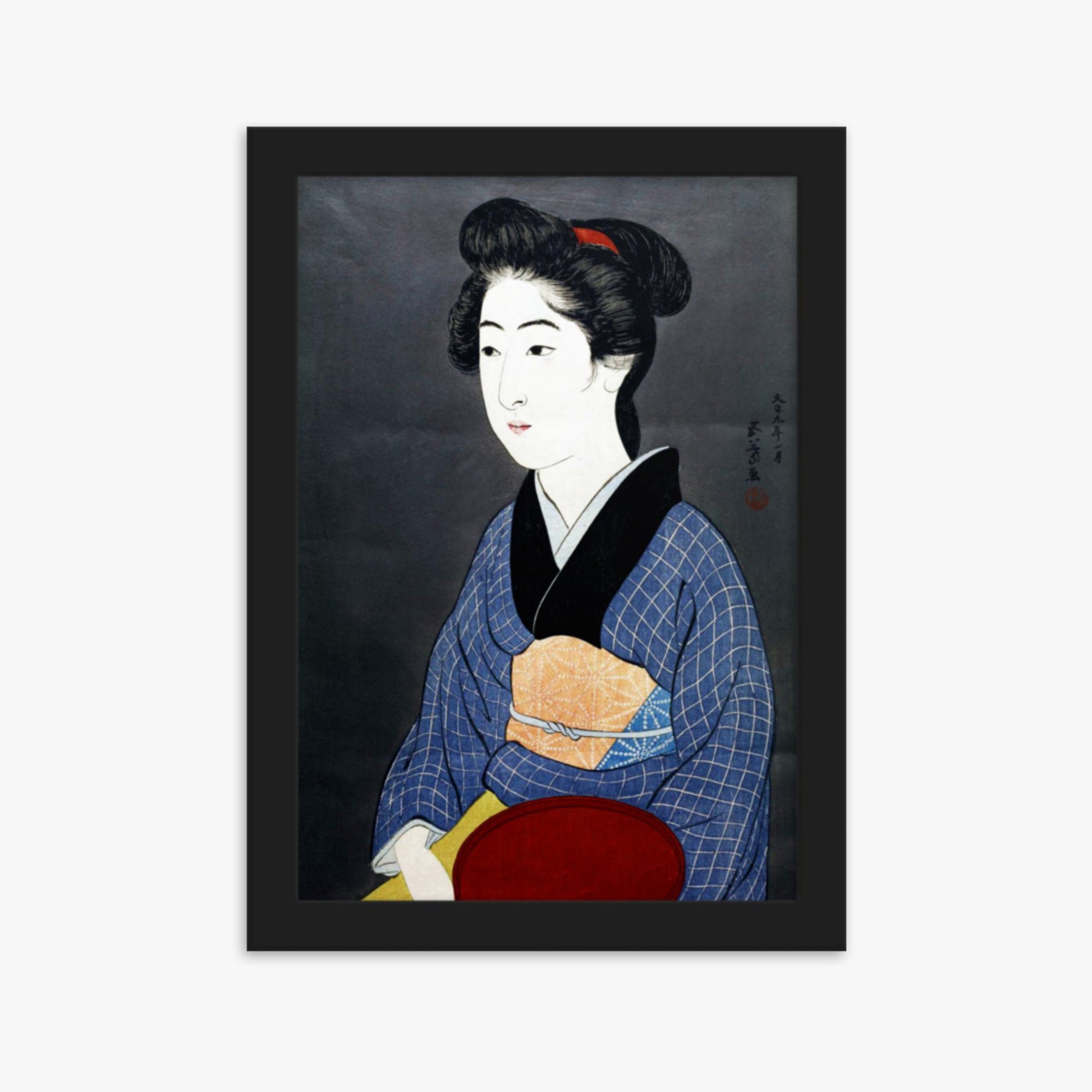 Goyō Hashiguchi: A waitress with a red tray - 21x30 cm Poster With Black Frame