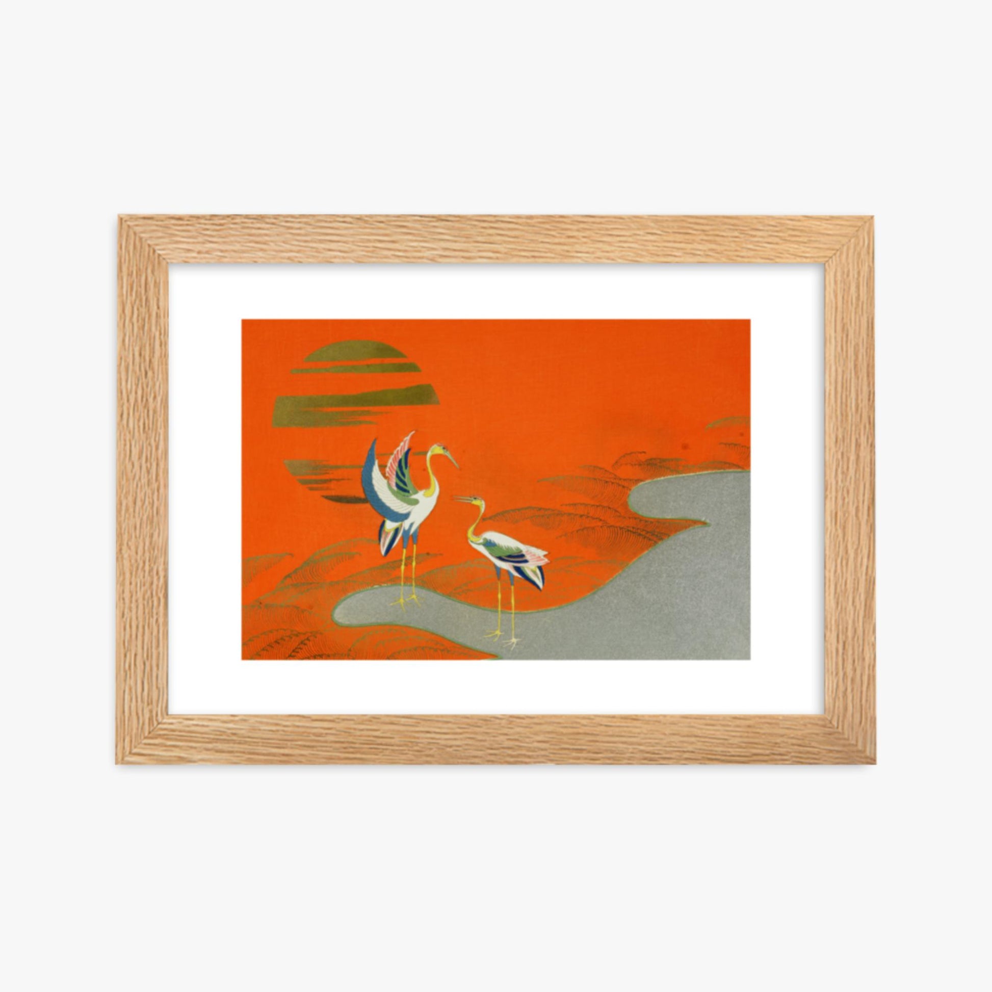 Kamisaka Sekka: Birds at sunset on the lake - 21x30 cm Poster With Oak Frame