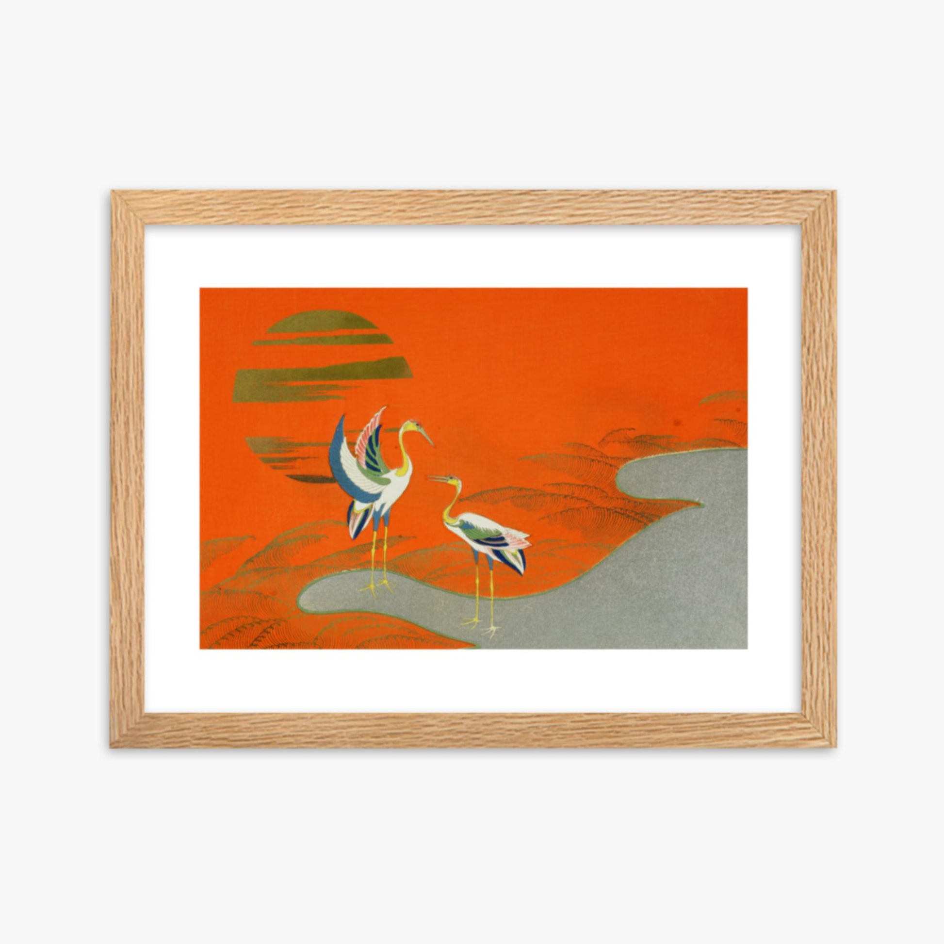 Kamisaka Sekka: Birds at sunset on the lake - 30x40 cm Poster With Oak Frame