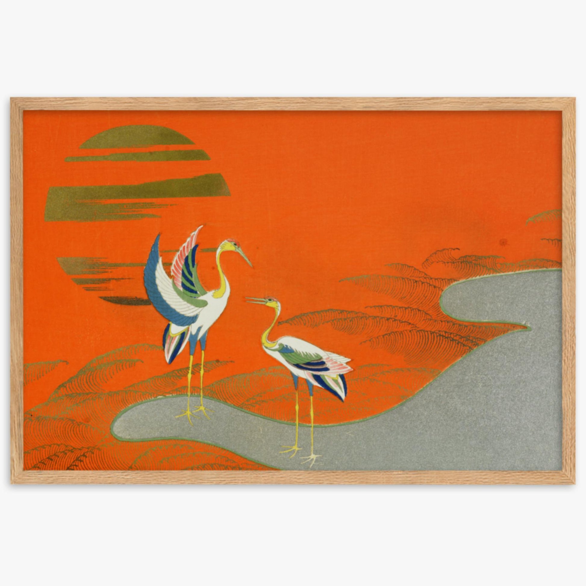 Kamisaka Sekka: Birds at sunset on the lake - 61x91 cm Poster With Oak Frame