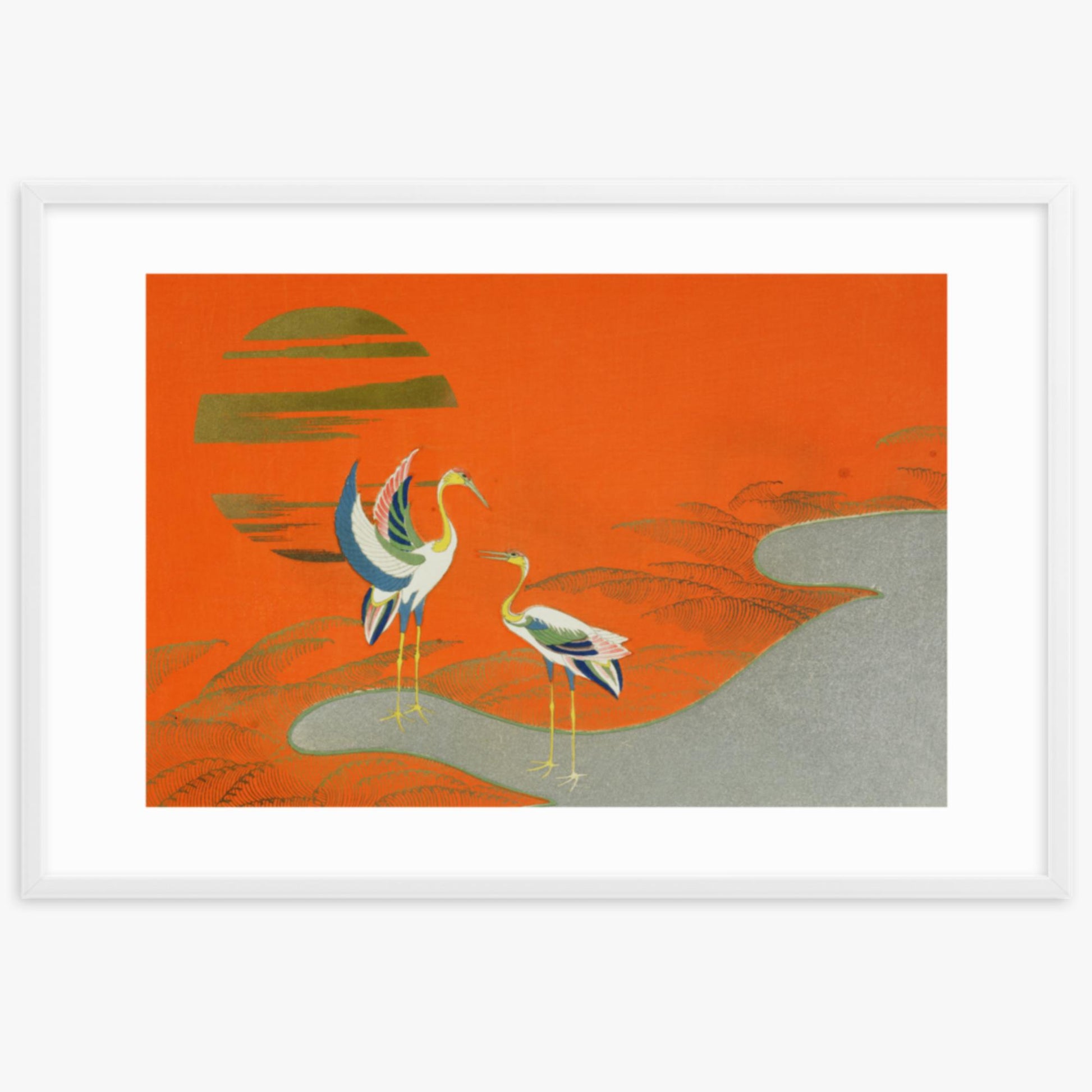 Kamisaka Sekka: Birds at sunset on the lake - 61x91 cm Poster With White Frame