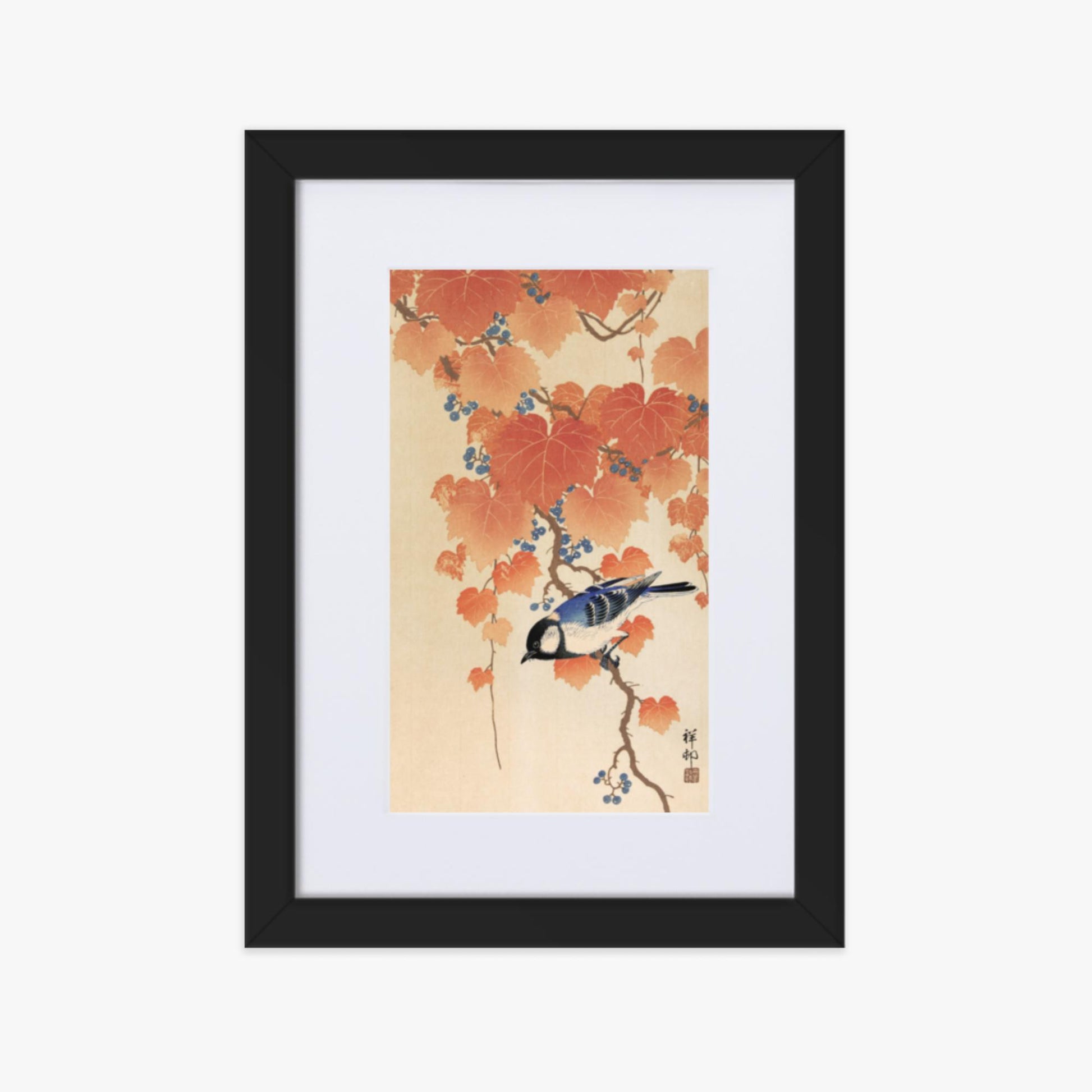 Ohara Koson - Great tit on paulownia branch 21x30 cm Poster With Black Frame