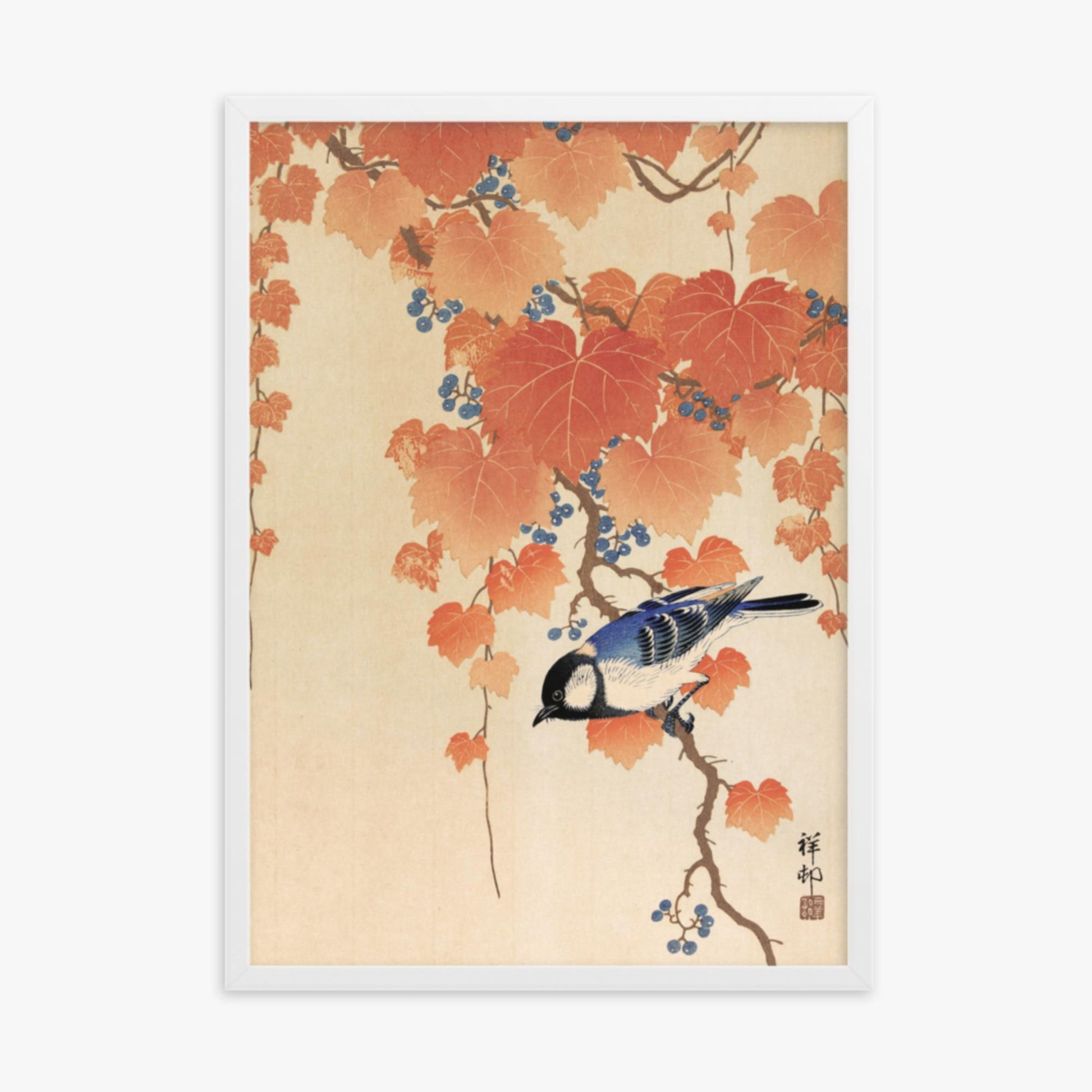 Ohara Koson - Great tit on paulownia branch 50x70 cm Poster With White Frame