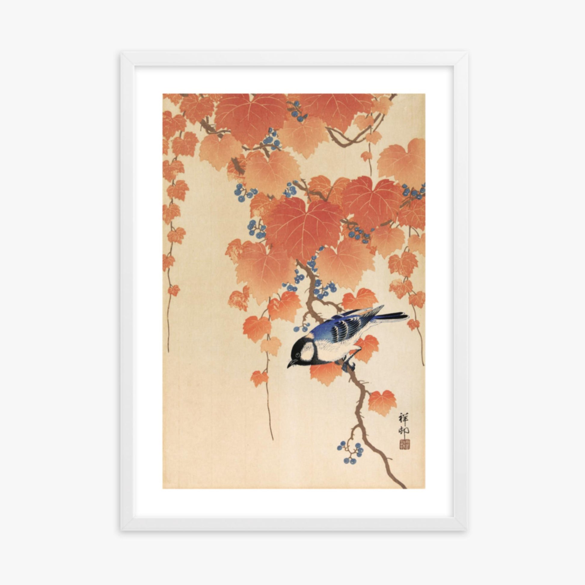 Ohara Koson - Great tit on paulownia branch 50x70 cm Poster With White Frame