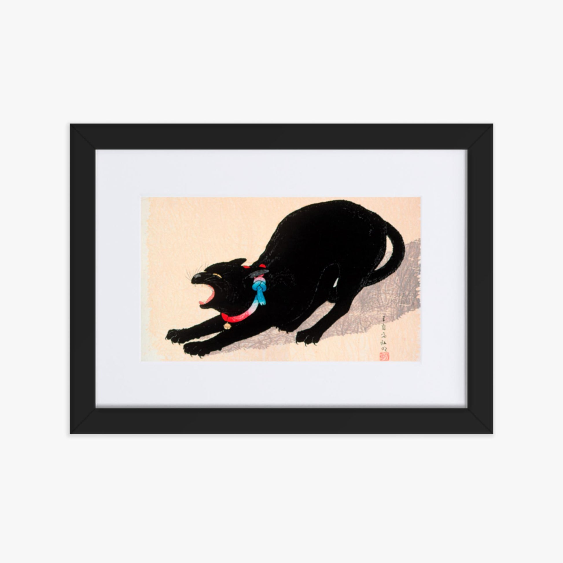 Takahashi Hiroaki (Shōtei) - Black Cat Hissing 21x30 cm Poster With Black Frame