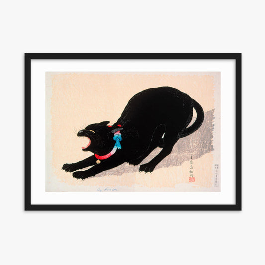 Takahashi Hiroaki (Shōtei) - Black Cat Hissing 50x70 cm Poster With Black Frame