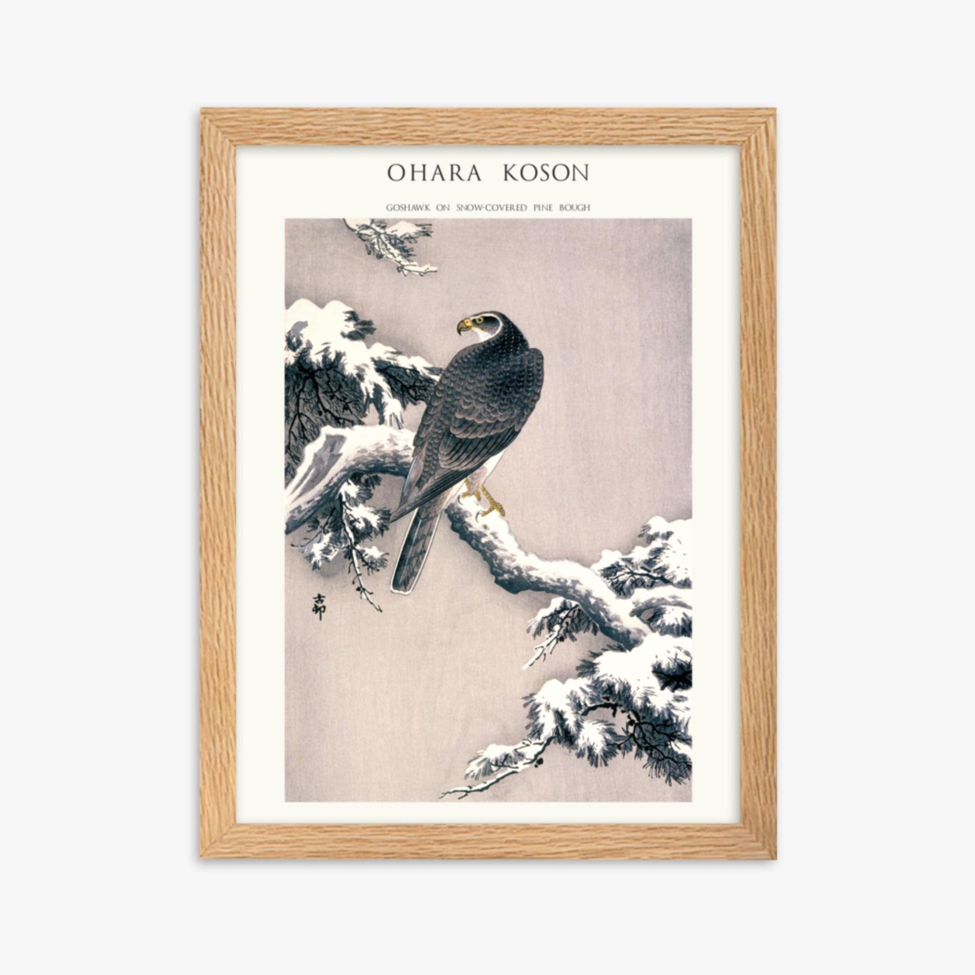 Ohara Koson - Goshawk on Snow-covered Pine Bough  - Decoration 30x40 cm Poster With Oak Frame