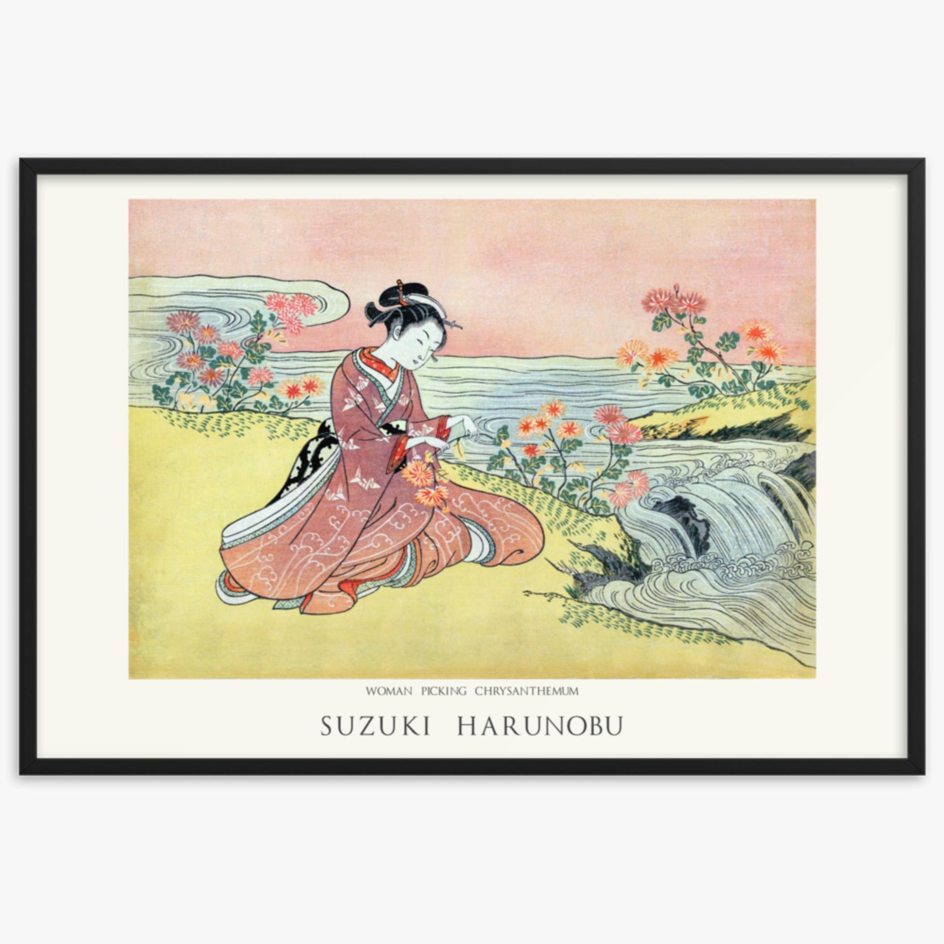 Suzuki Harunobu - Woman Picking Chrysanthemum - Decoration 61x91 cm Poster With Black Frame