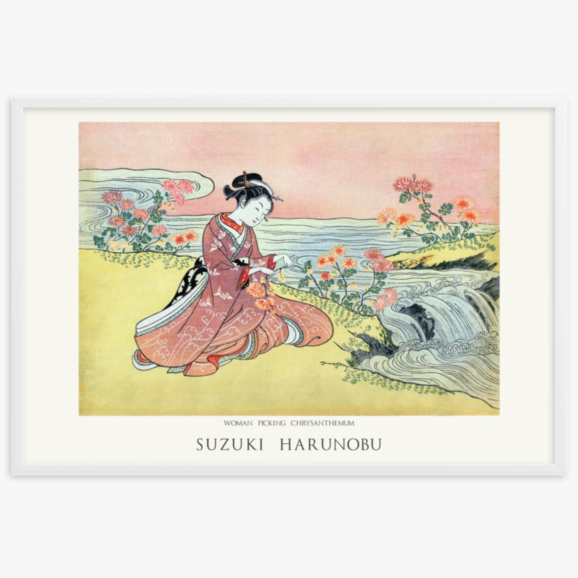 Suzuki Harunobu - Woman Picking Chrysanthemum - Decoration 61x91 cm Poster With White Frame