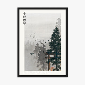 Ohara Koson - Flock of Birds and a Torii Gate in a Pine Tree Forest - Decoration 50x70 cm Poster With Black Frame