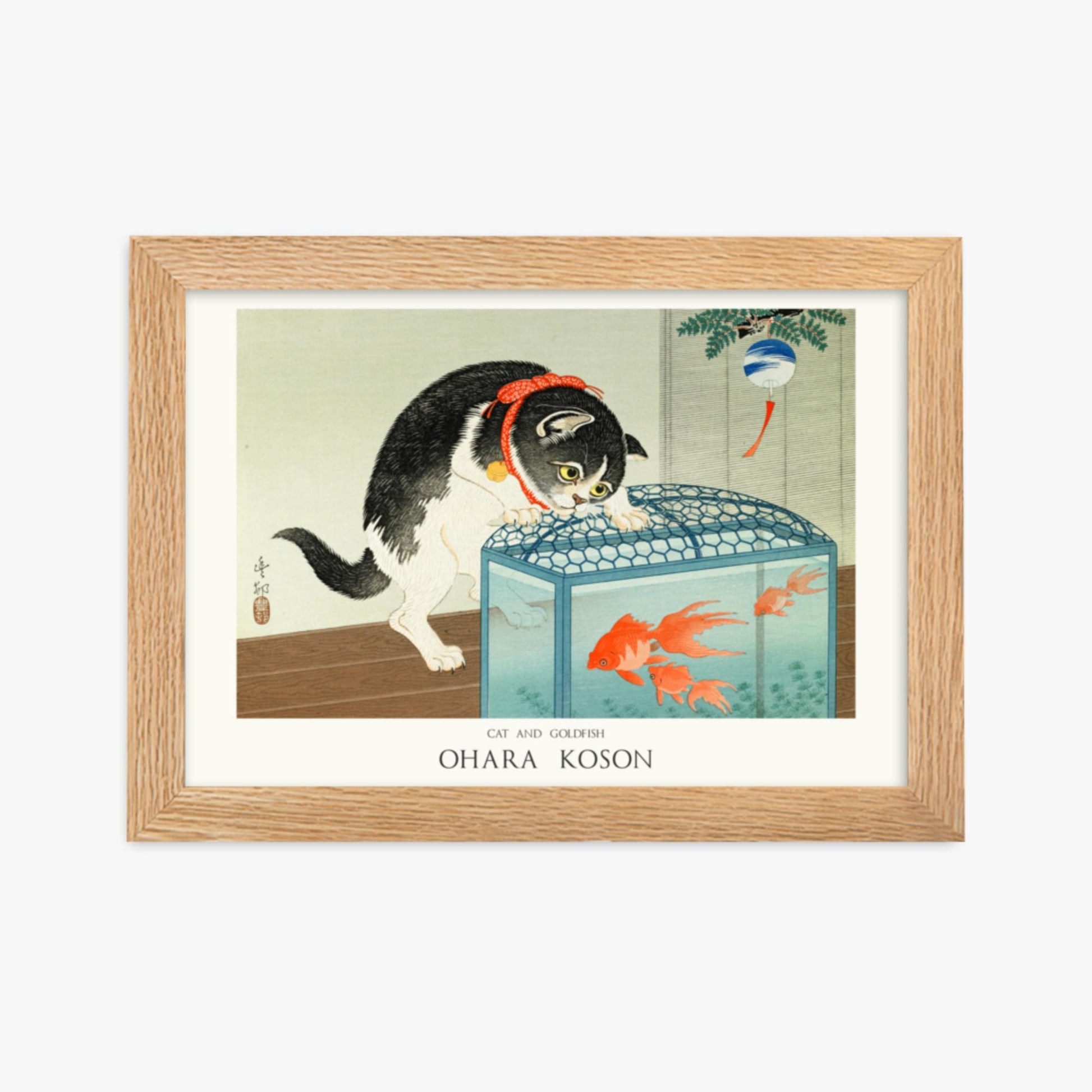 Ohara Koson: Cat and Goldfish - Japandi - 21x30 cm Poster With Oak Frame