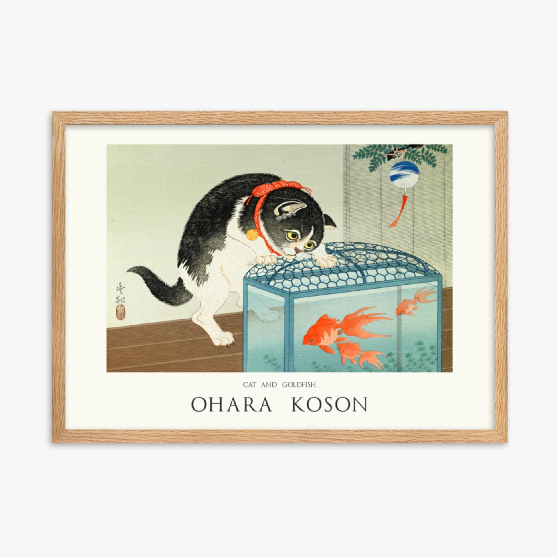 Ohara Koson: Cat and Goldfish - Japandi - 50x70 cm Poster With Oak Frame