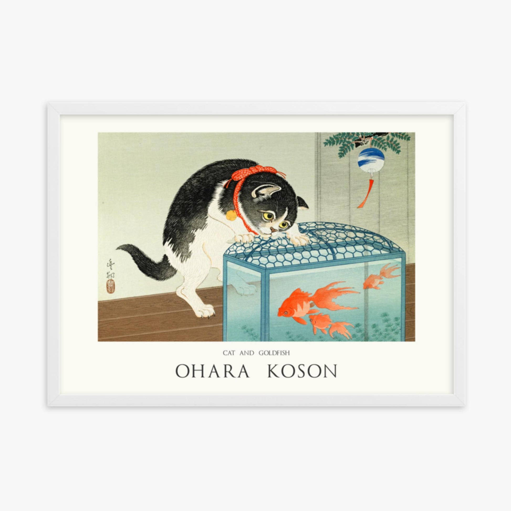 Ohara Koson: Cat and Goldfish - Japandi - 50x70 cm Poster With White Frame