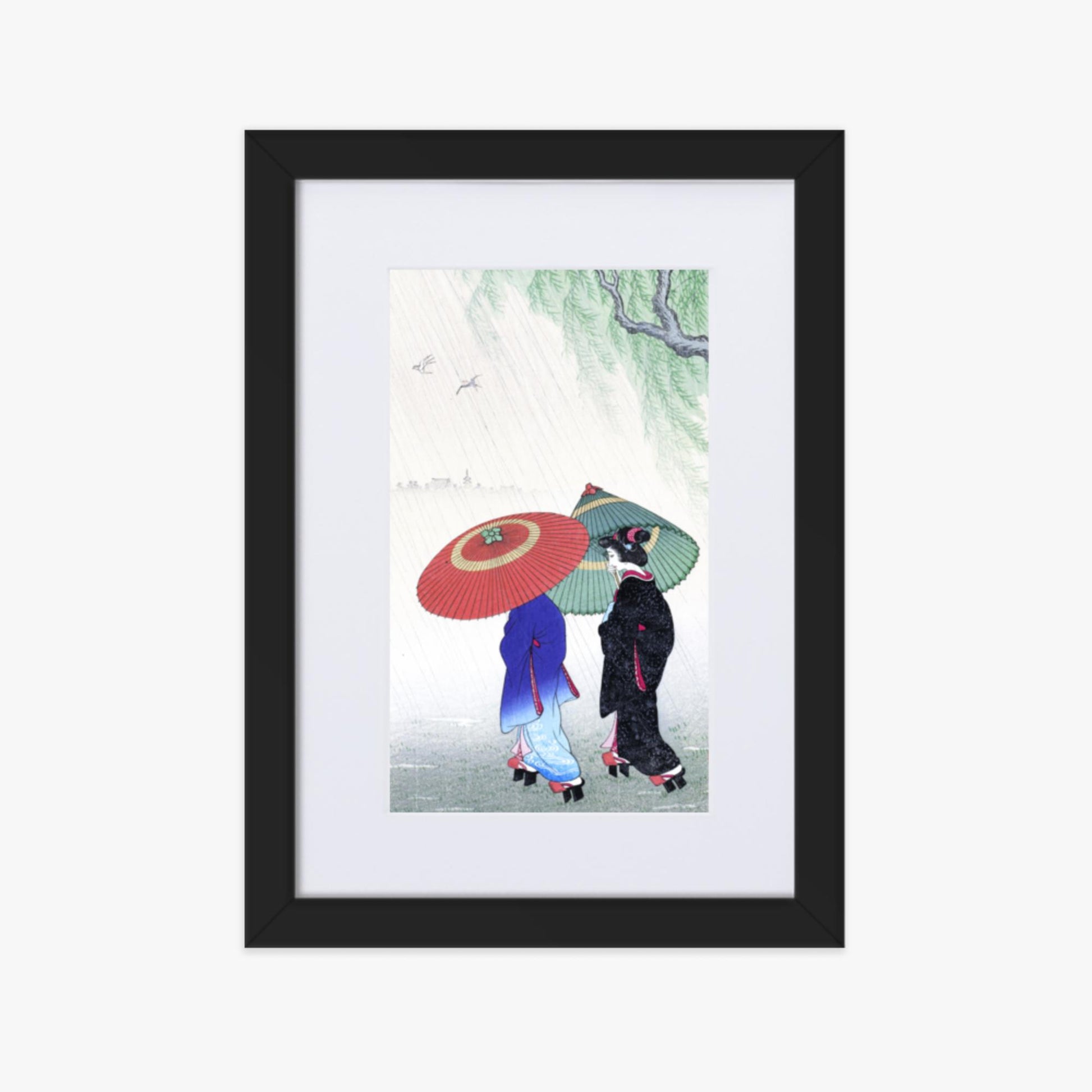 Ohara Koson - Two Women in the Rain 21x30 cm Poster With Black Frame