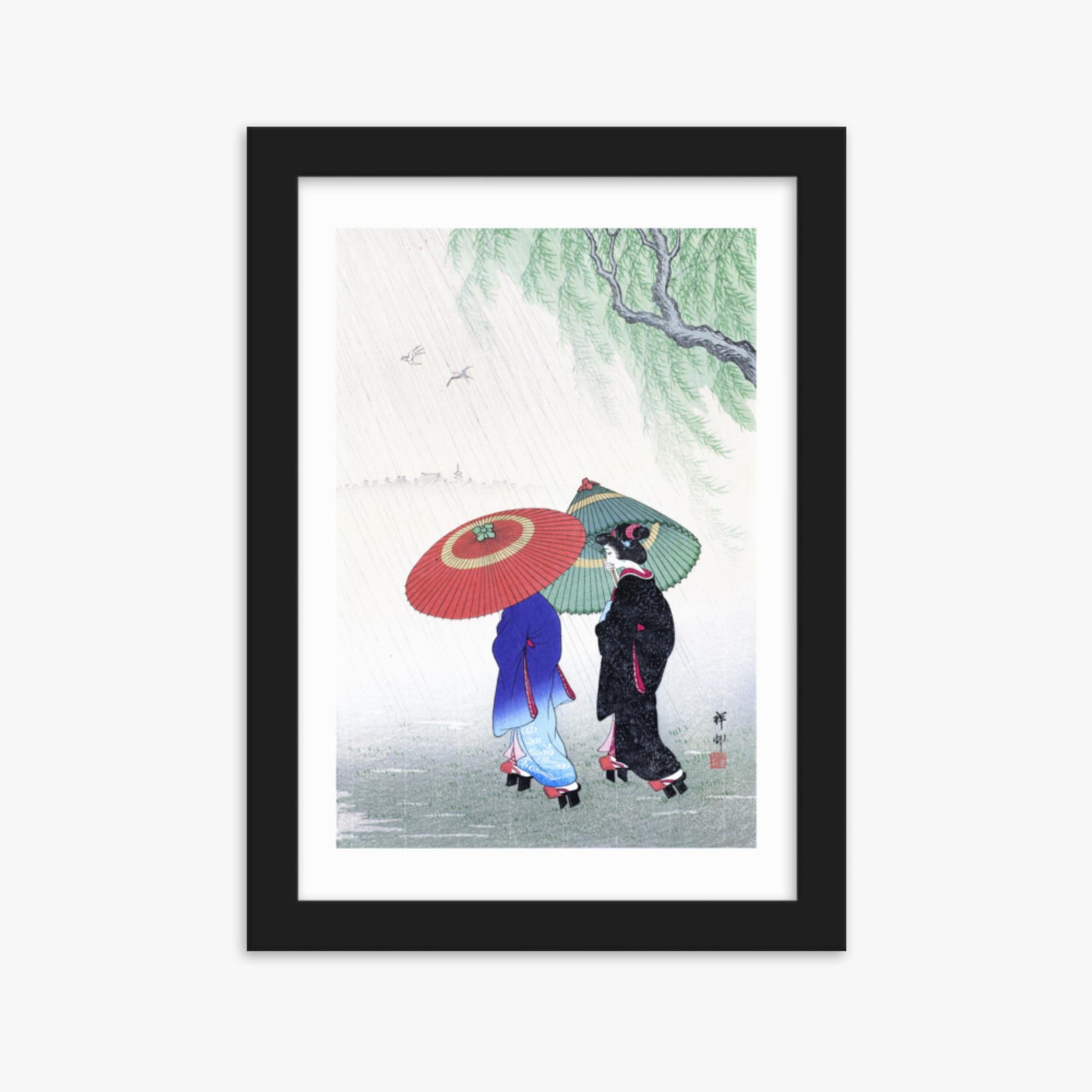 Ohara Koson - Two Women in the Rain 21x30 cm Poster With Black Frame