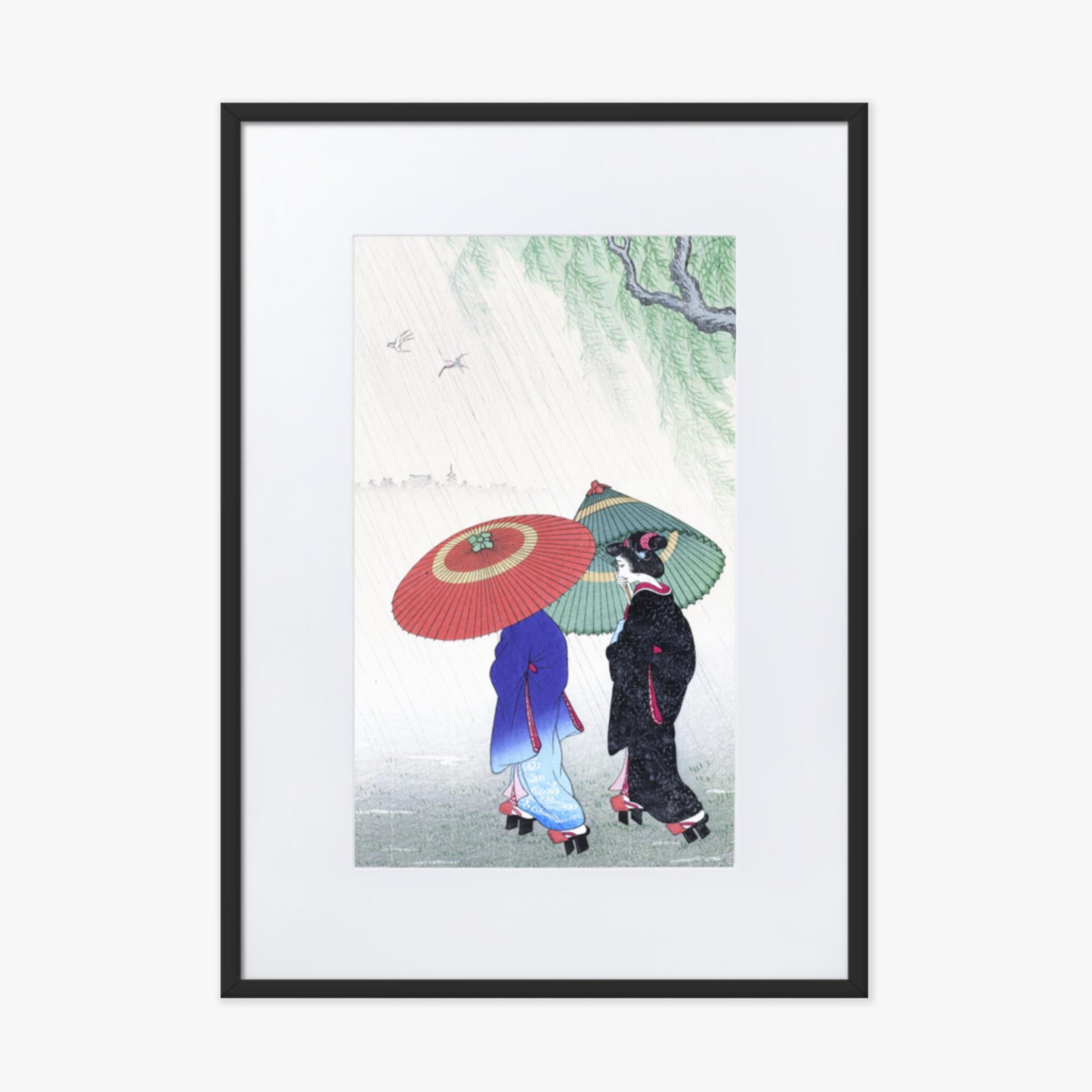 Ohara Koson - Two Women in the Rain 50x70 cm Poster With Black Frame