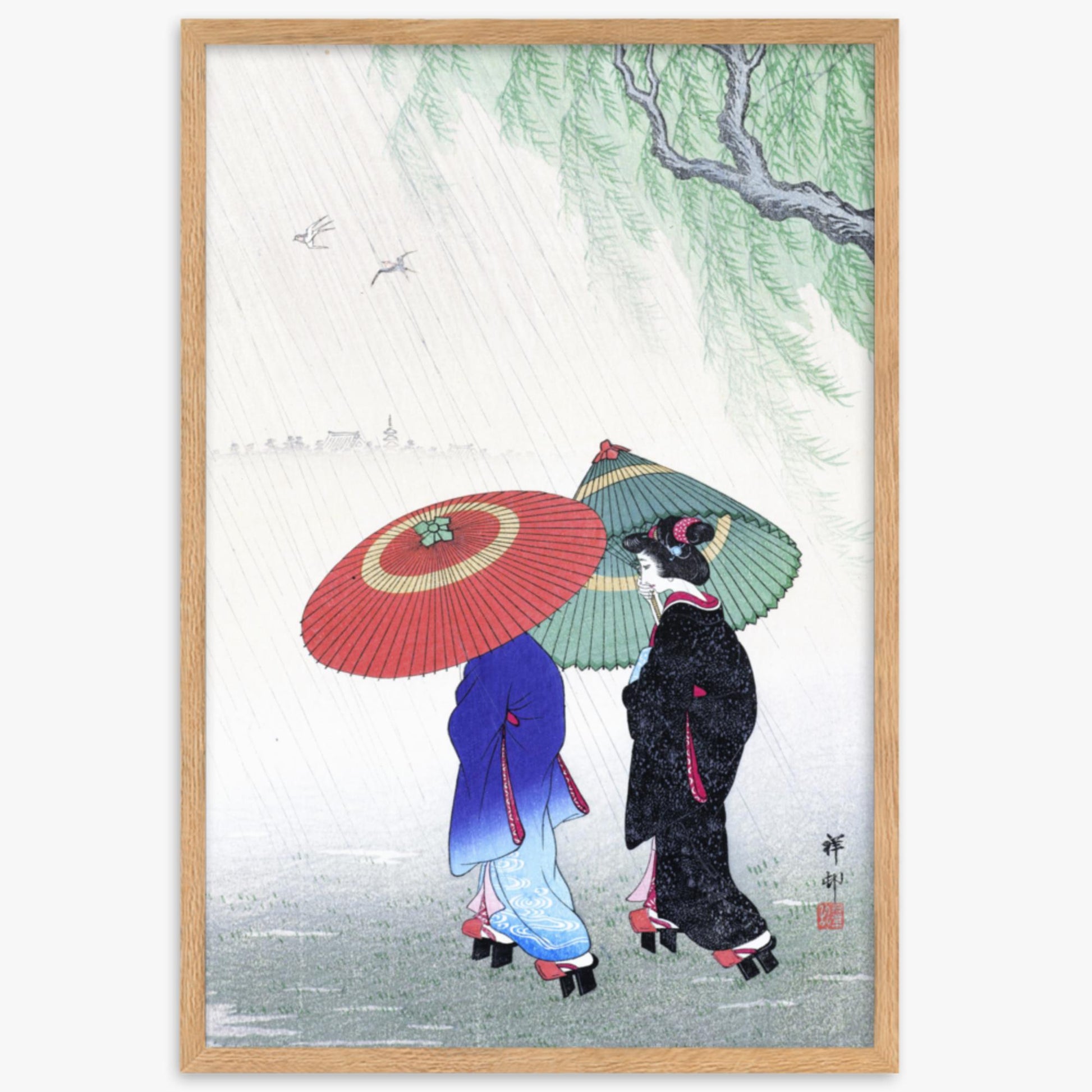 Ohara Koson - Two Women in the Rain 61x91 cm Poster With Oak Frame