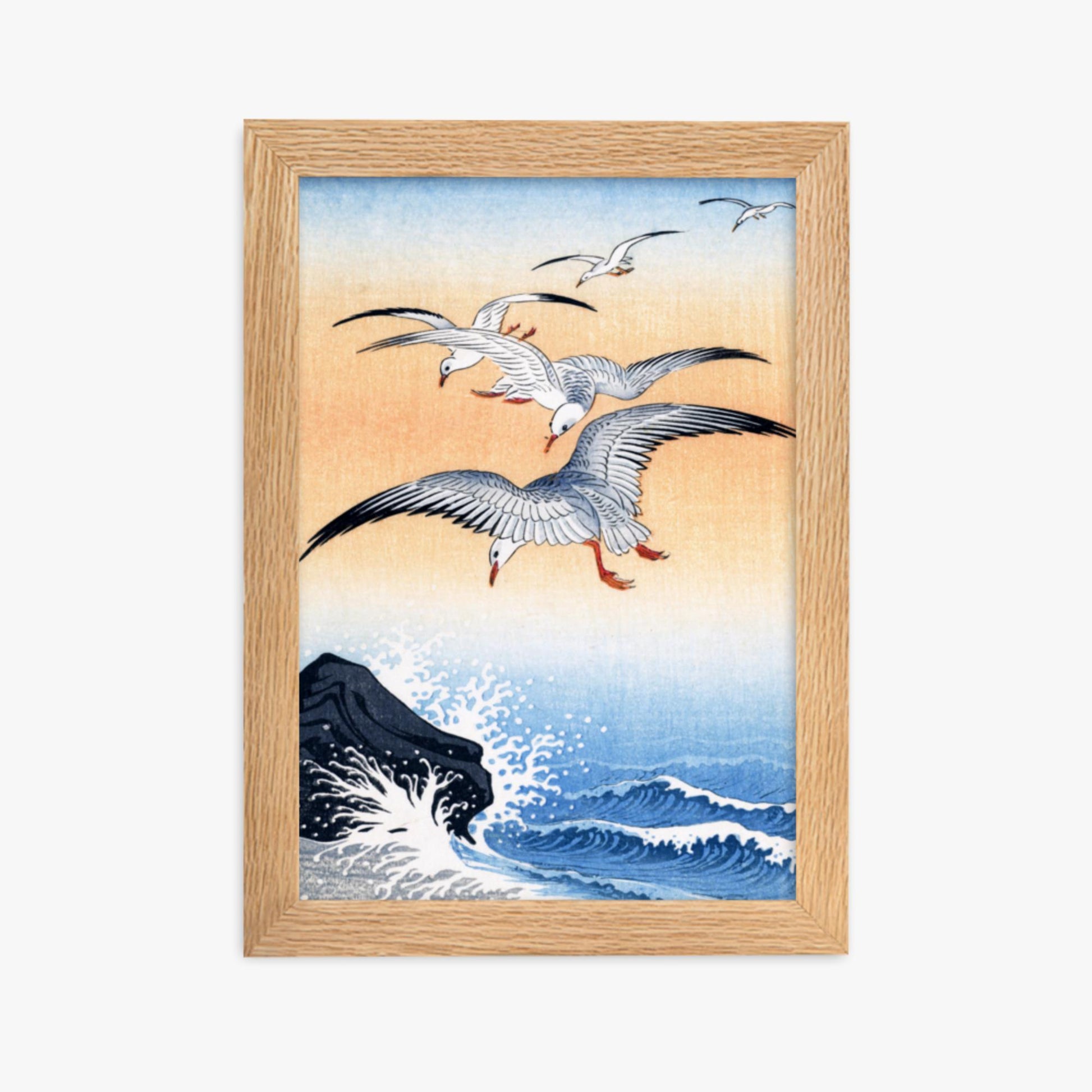 Ohara Koson - Five Seagulls Above Turbulent Sea 21x30 cm Poster With Oak Frame