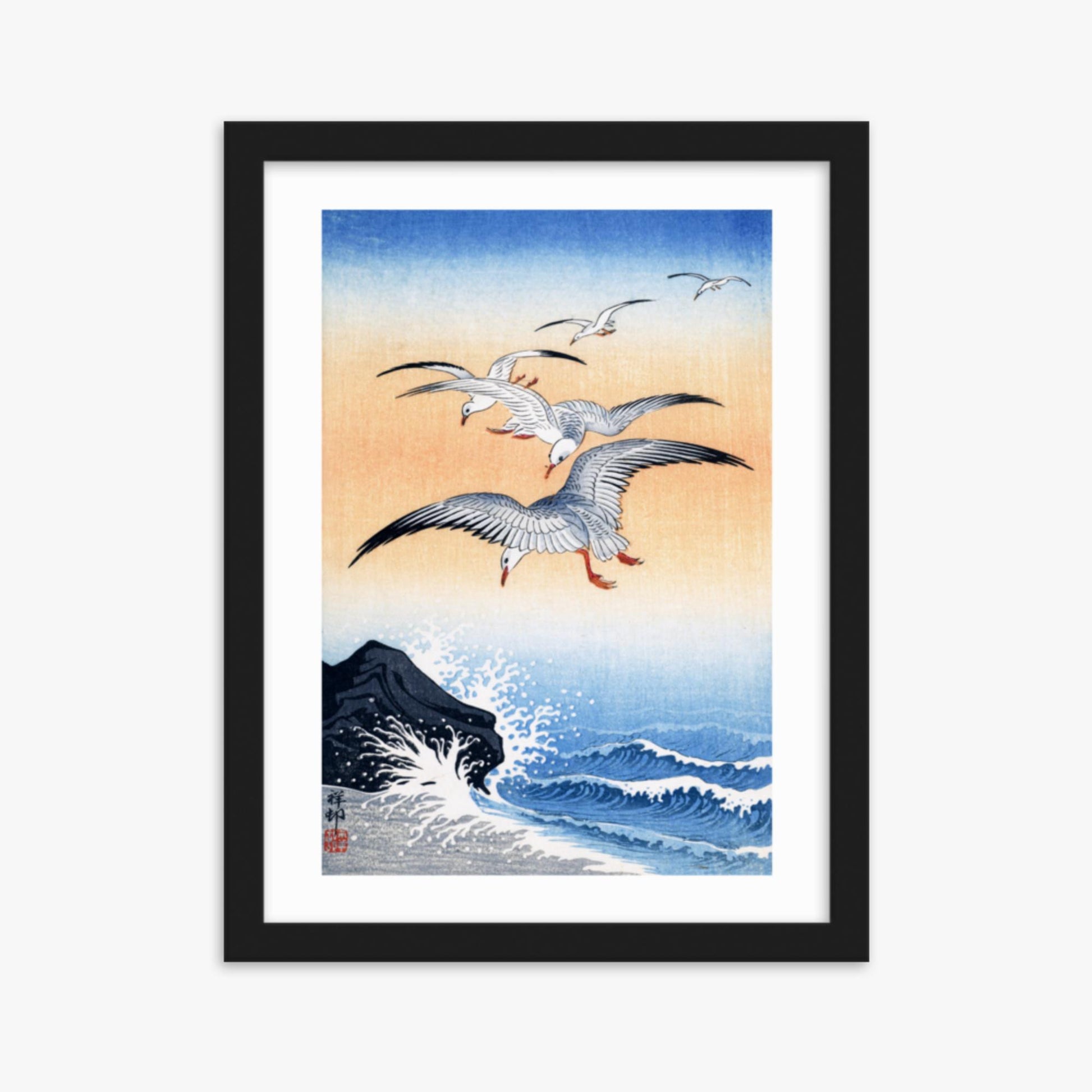 Ohara Koson - Five Seagulls Above Turbulent Sea 30x40 cm Poster With Black Frame