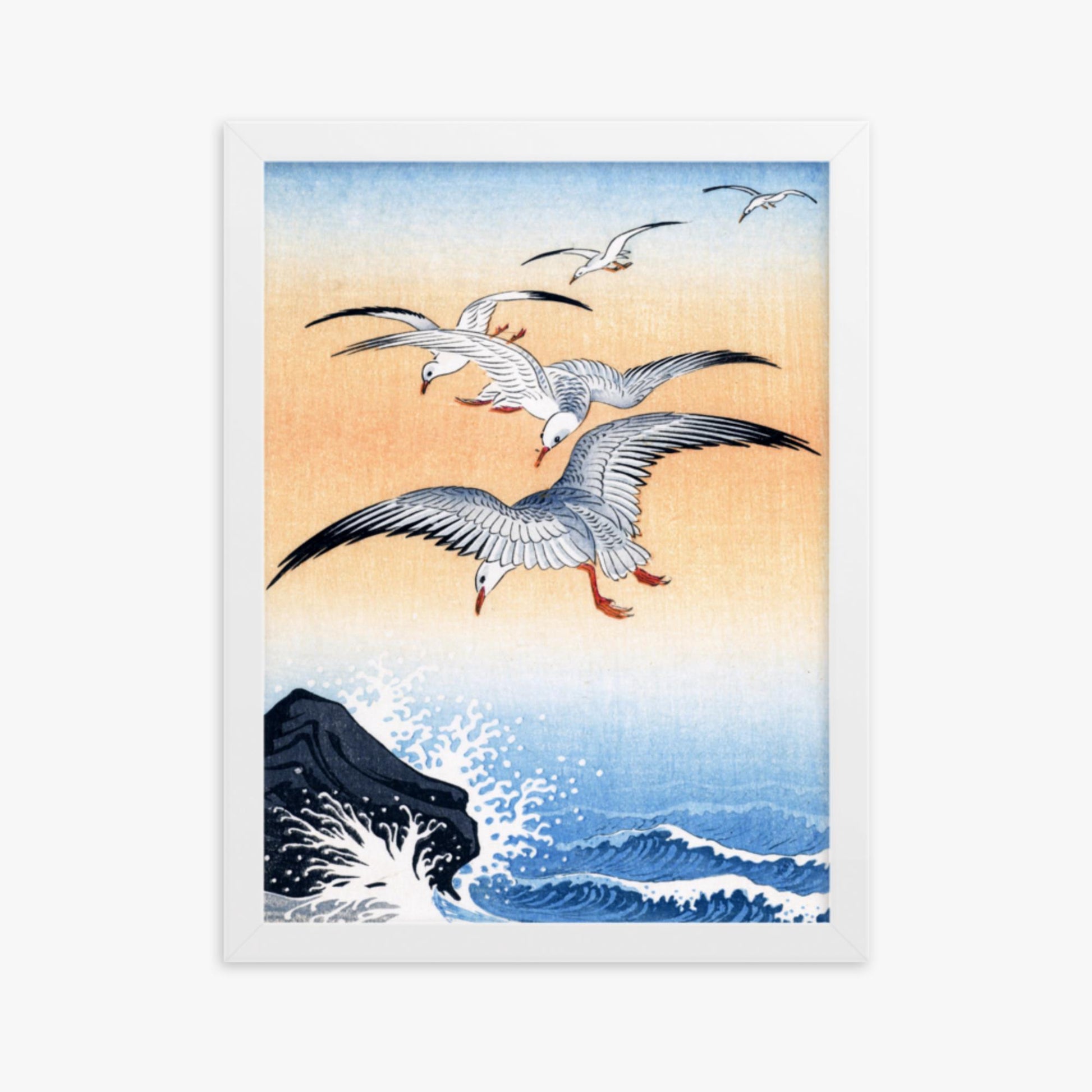 Ohara Koson - Five Seagulls Above Turbulent Sea 30x40 cm Poster With White Frame